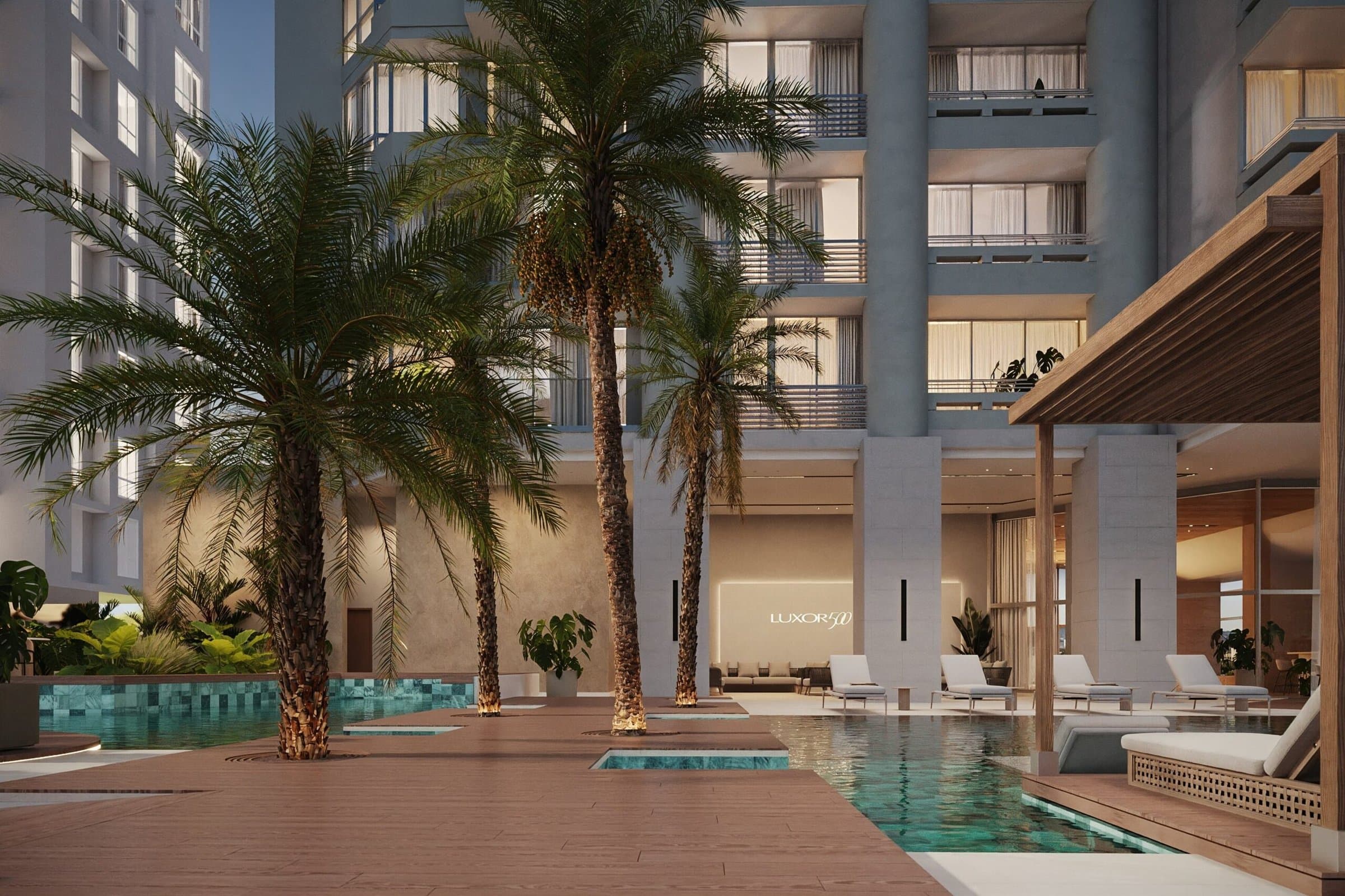 Luxor 500 pool deck with palms and pergola at the foot of the tower