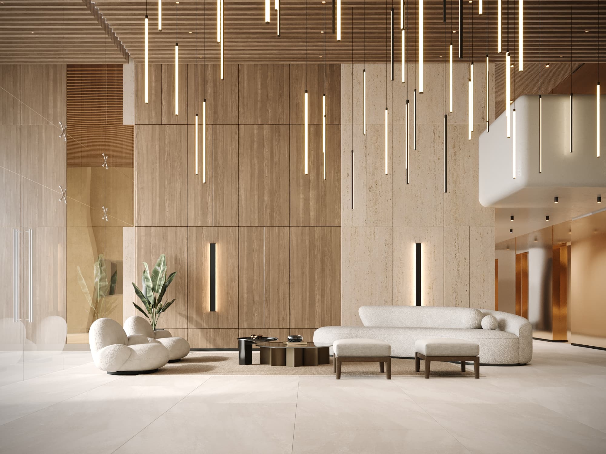 Luxor 500 lobby lounge with wood-paneled walls and pendant lights