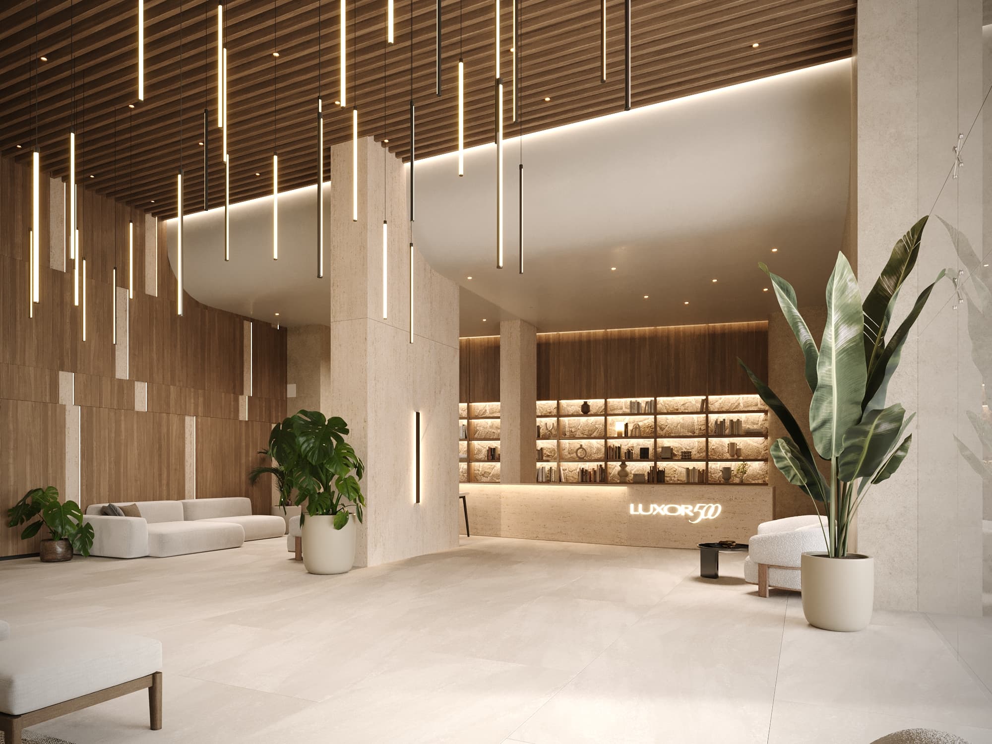 Luxor 500 lobby reception with pendant lights