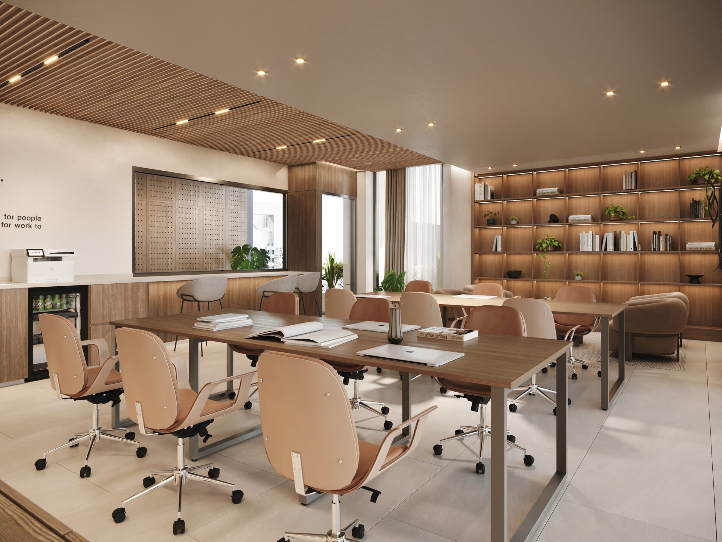 Luxor 500 coworking space with shared tables and bookshelves