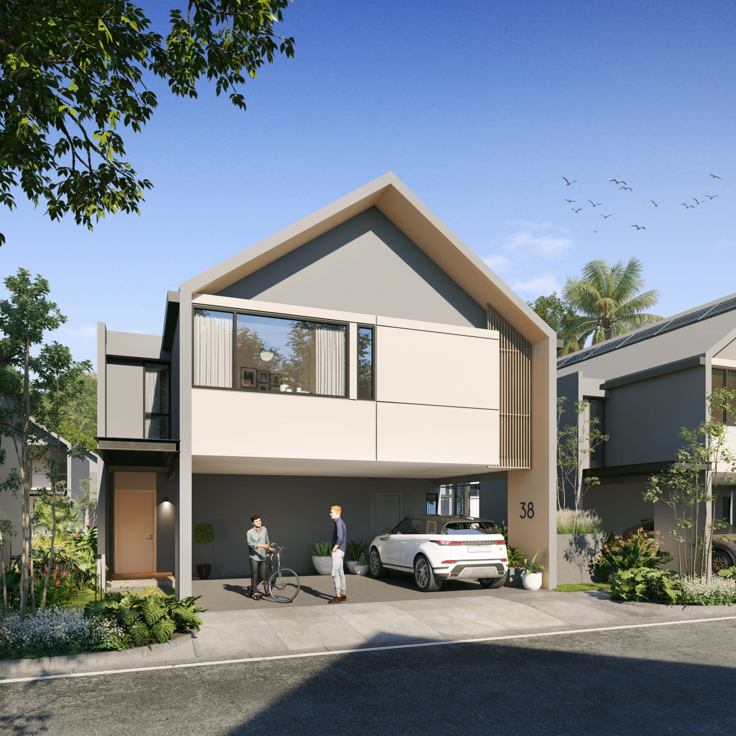 Front facade of an Aura house with a gabled roof and carport in Green City