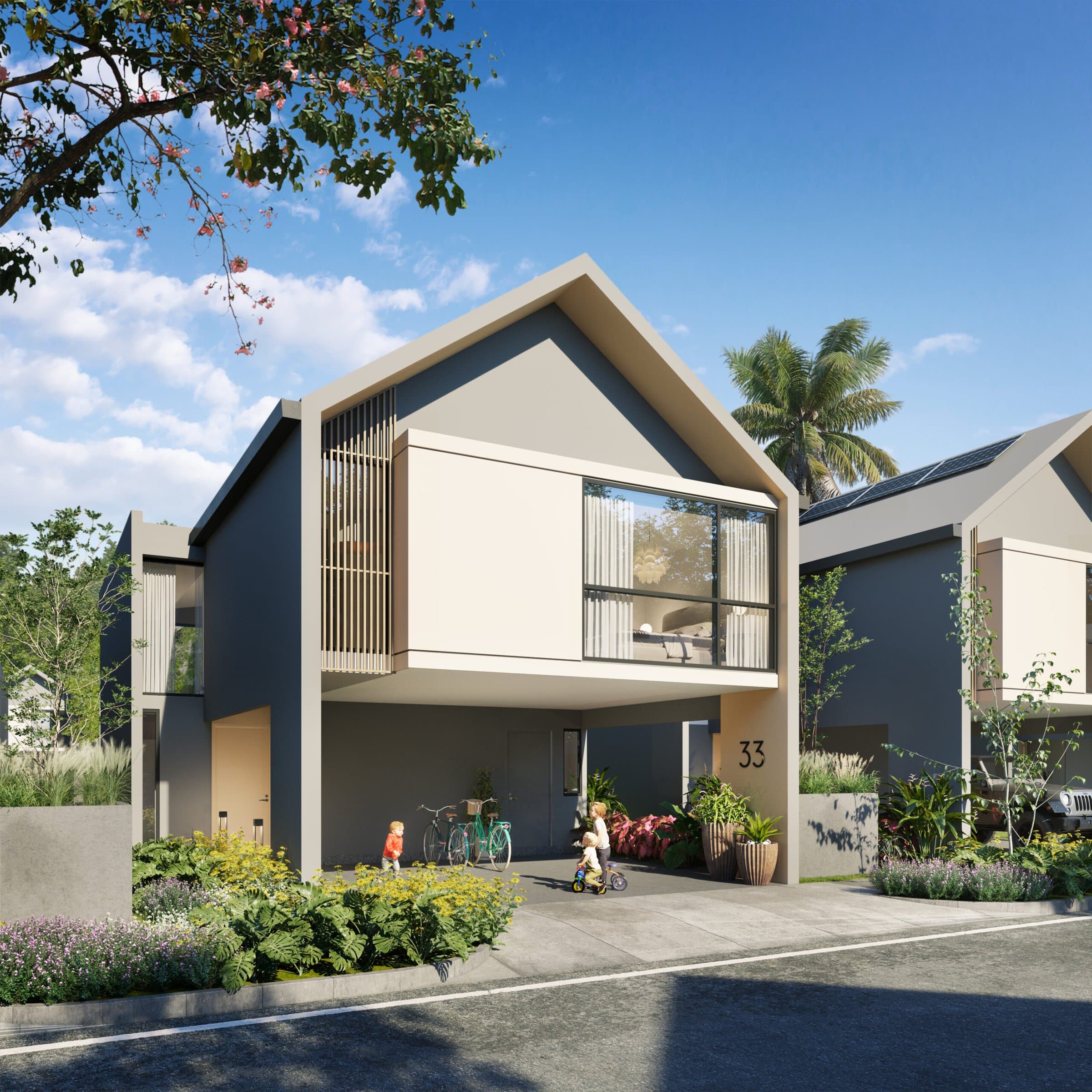 Front facade of an Aura house with a gabled roof and wood-slat window screen in Green City