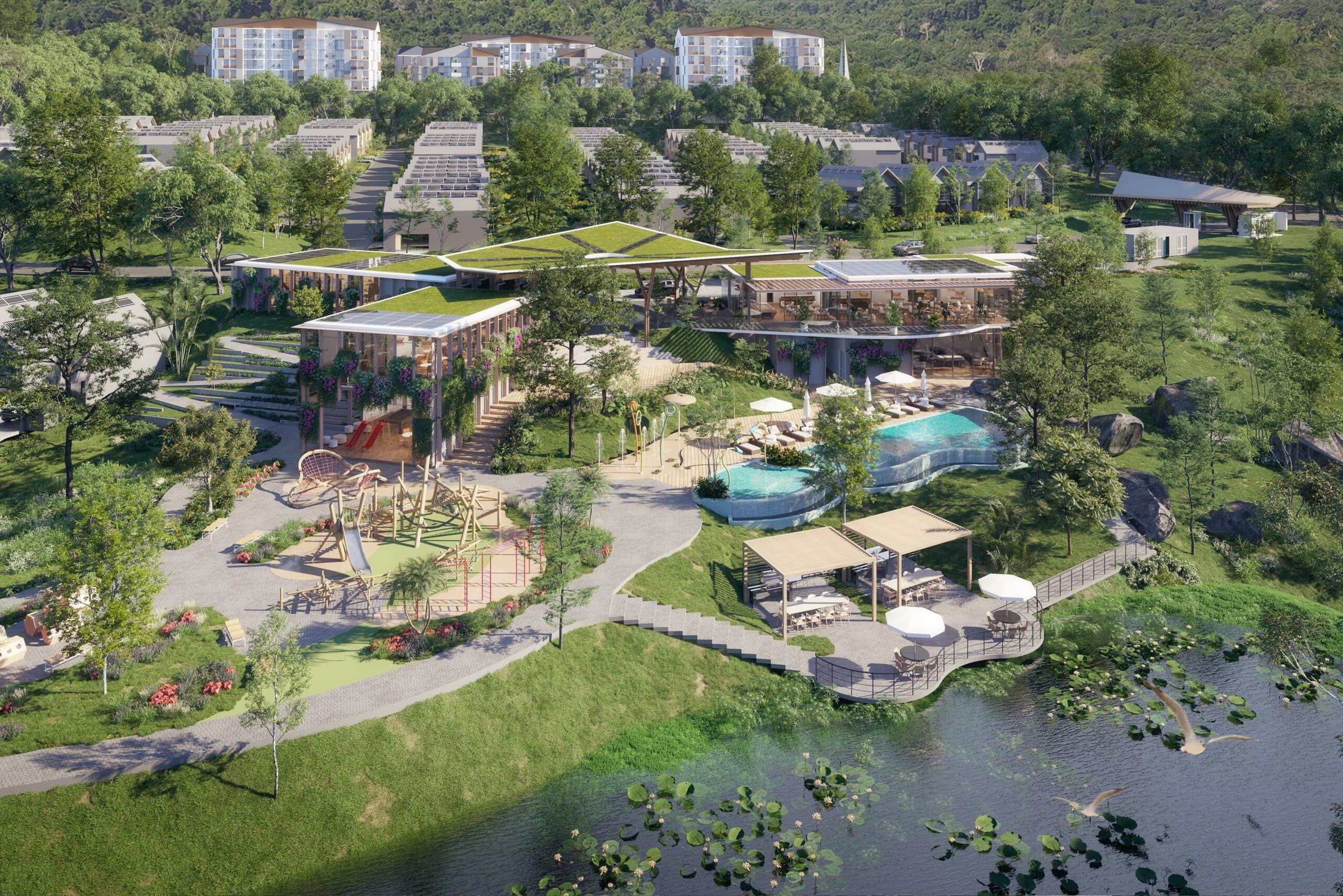 Aura clubhouse and amenity area aerial view in Green City