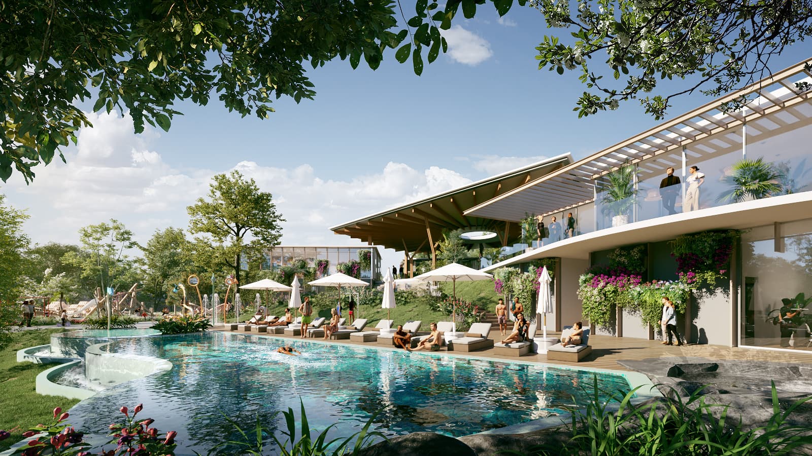 Aura swimming pool with loungers beside the clubhouse