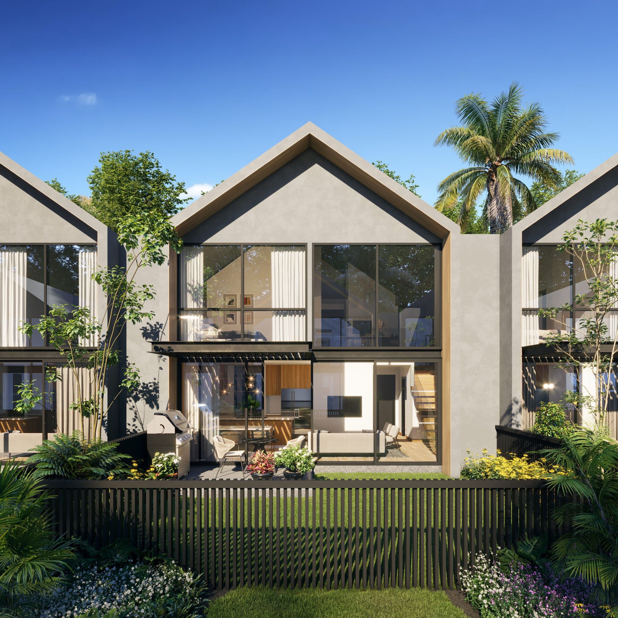 Rear facade of an Aura house with a double-height glass living room and garden