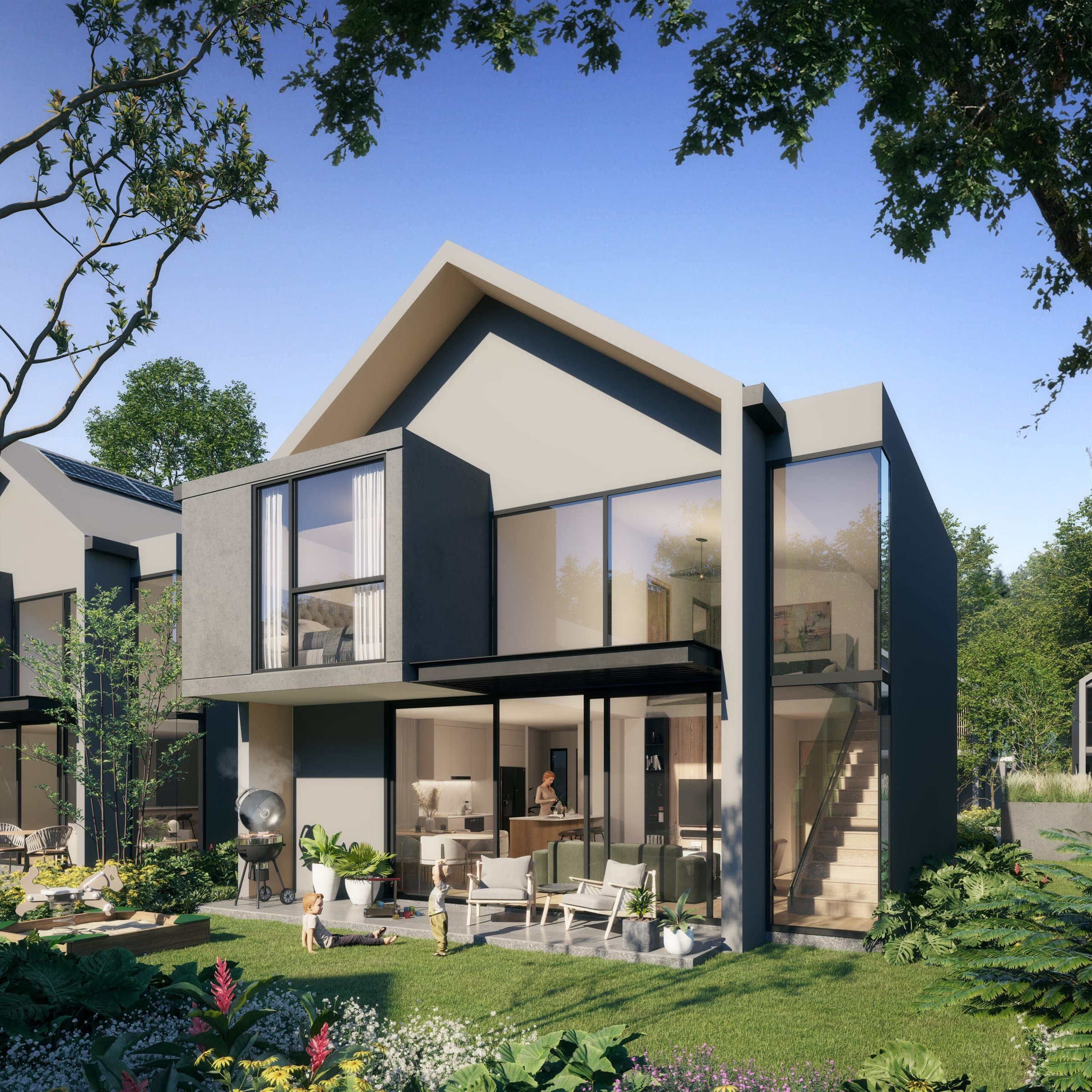 Rear garden and covered terrace of an Aura house in Green City