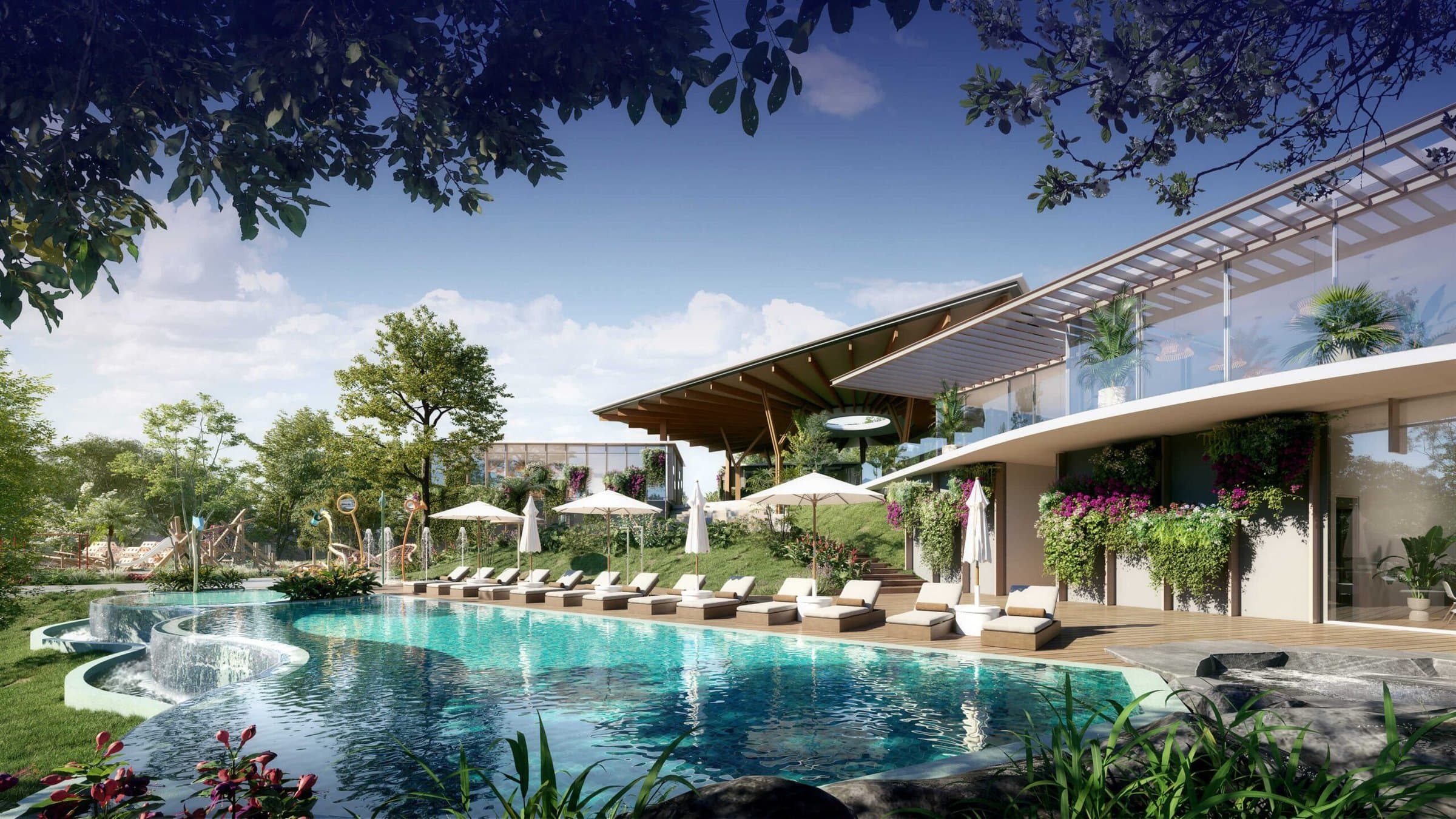 Rendering of the Green City clubhouse pool with loungers and landscaped gardens at Vida