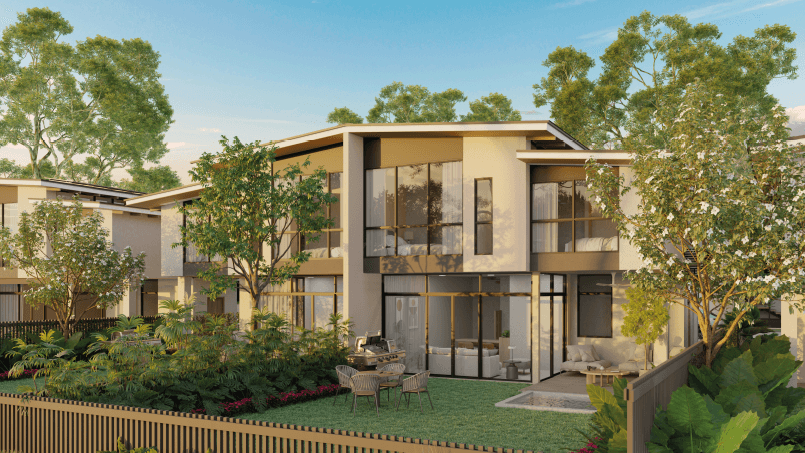 Rendering of a Vida two-storey house with front garden and timber fence in Green City