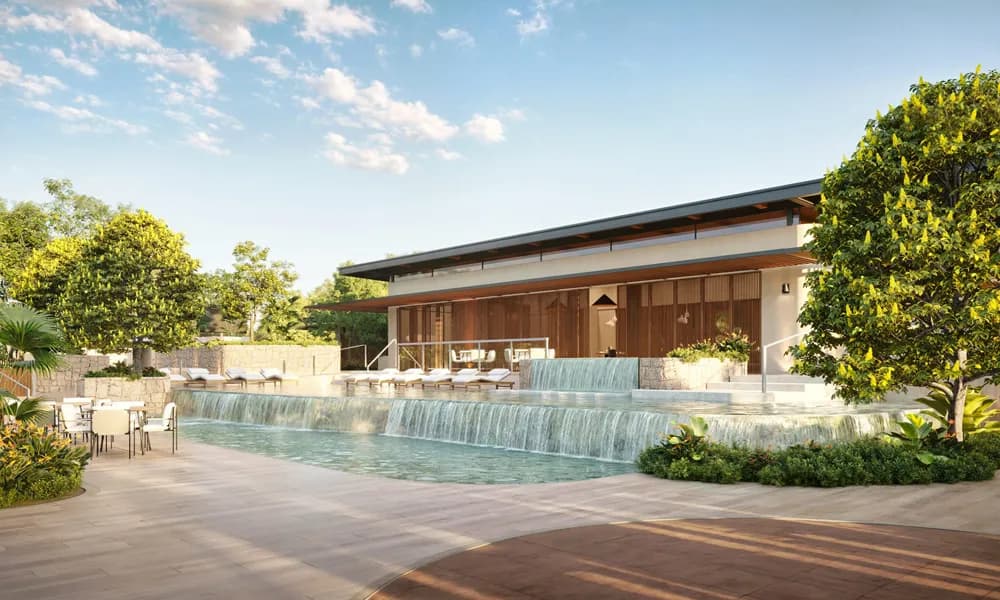 Rendering of the Green City clubhouse with its cascading pool and terrace serving Vida