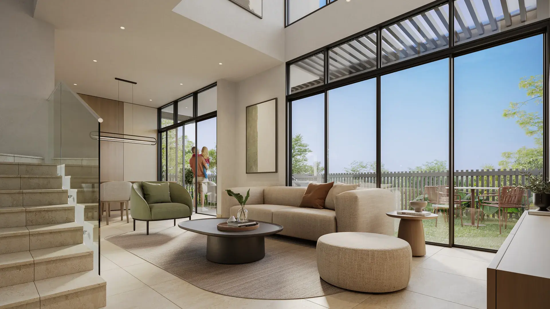 Rendering of a double-height living room with staircase and garden views in a Vida house, Green City