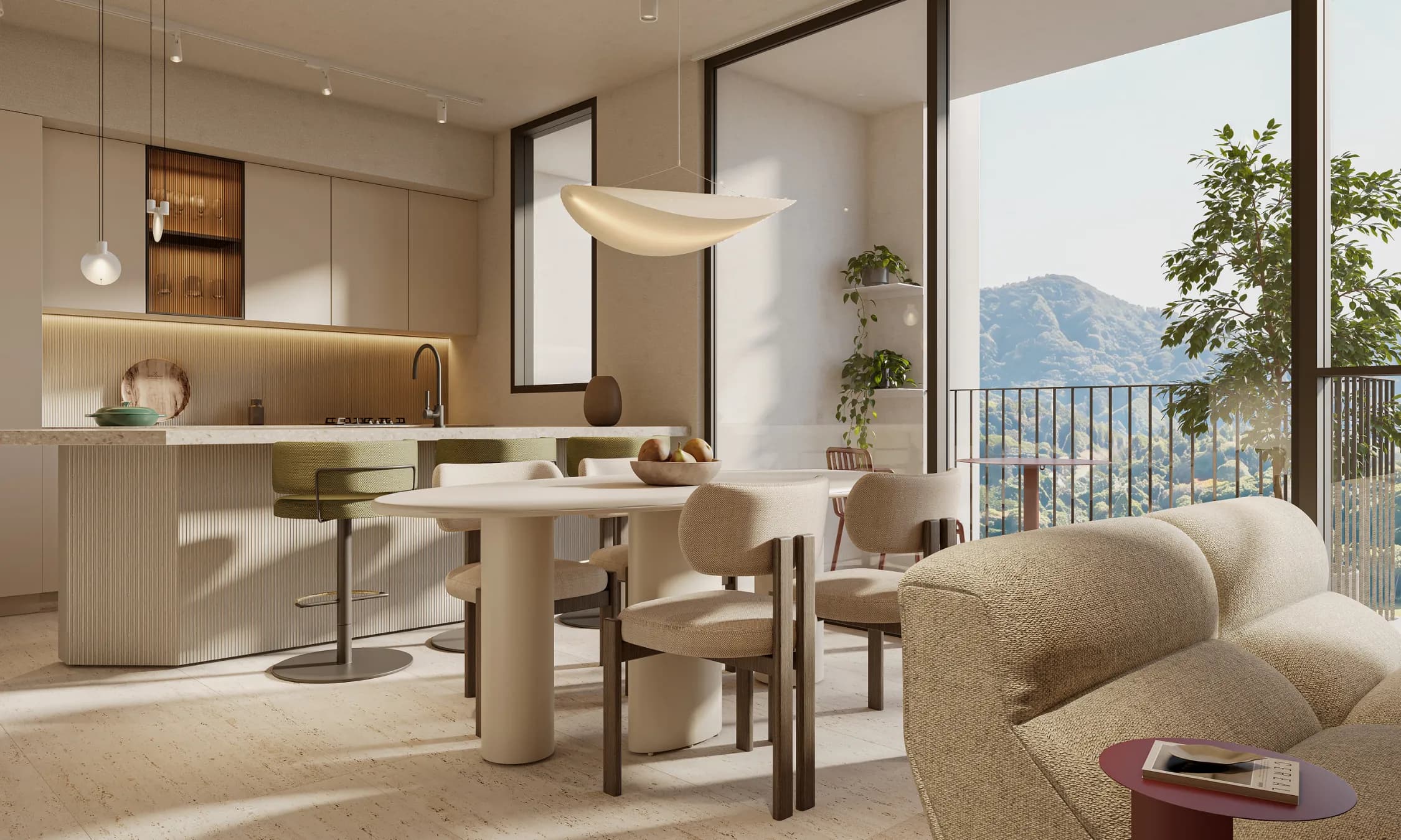 Rendering of the kitchen island and dining area opening onto the hills in a Vida house, Green City