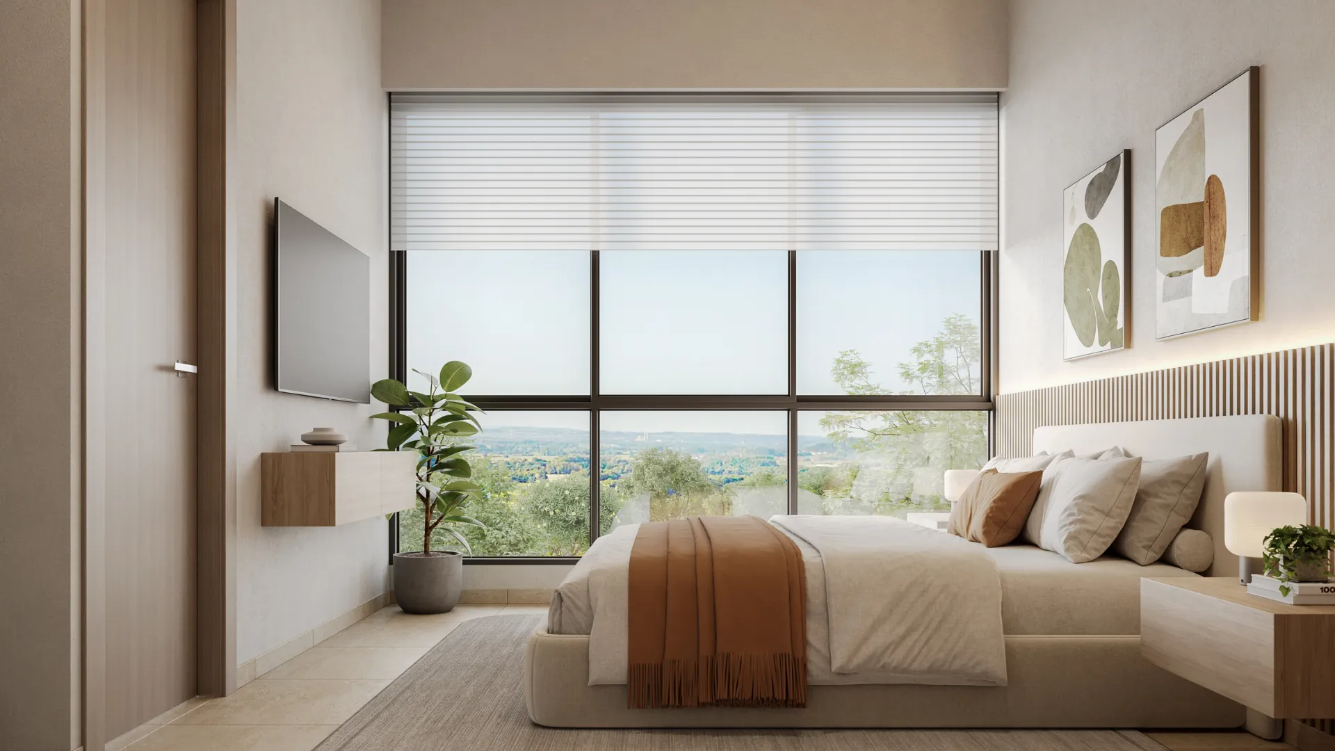 Rendering of a Vida master bedroom with a wide window over the Green City hills