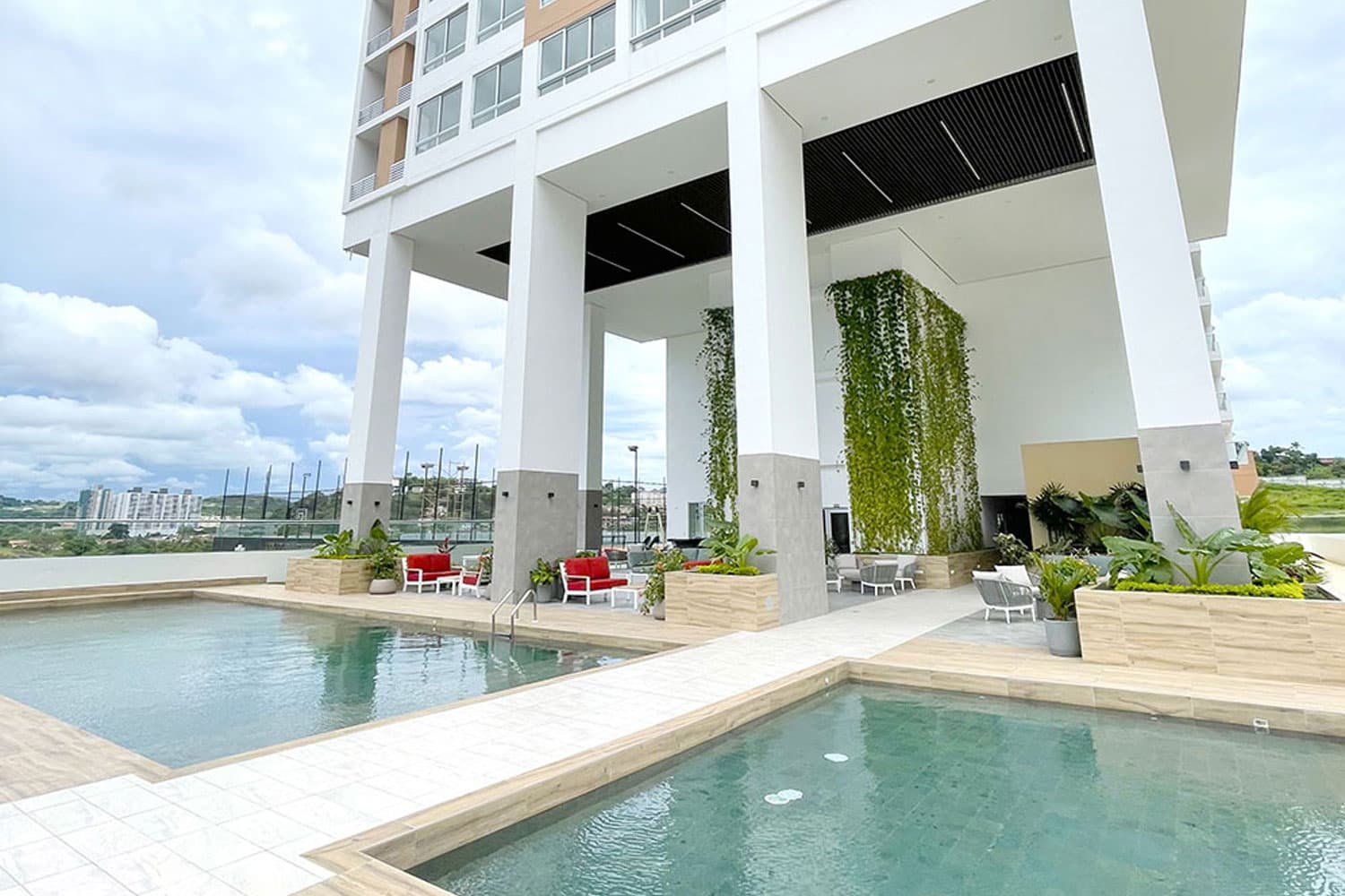 Greenwood Towers swimming pool at the base of the tower