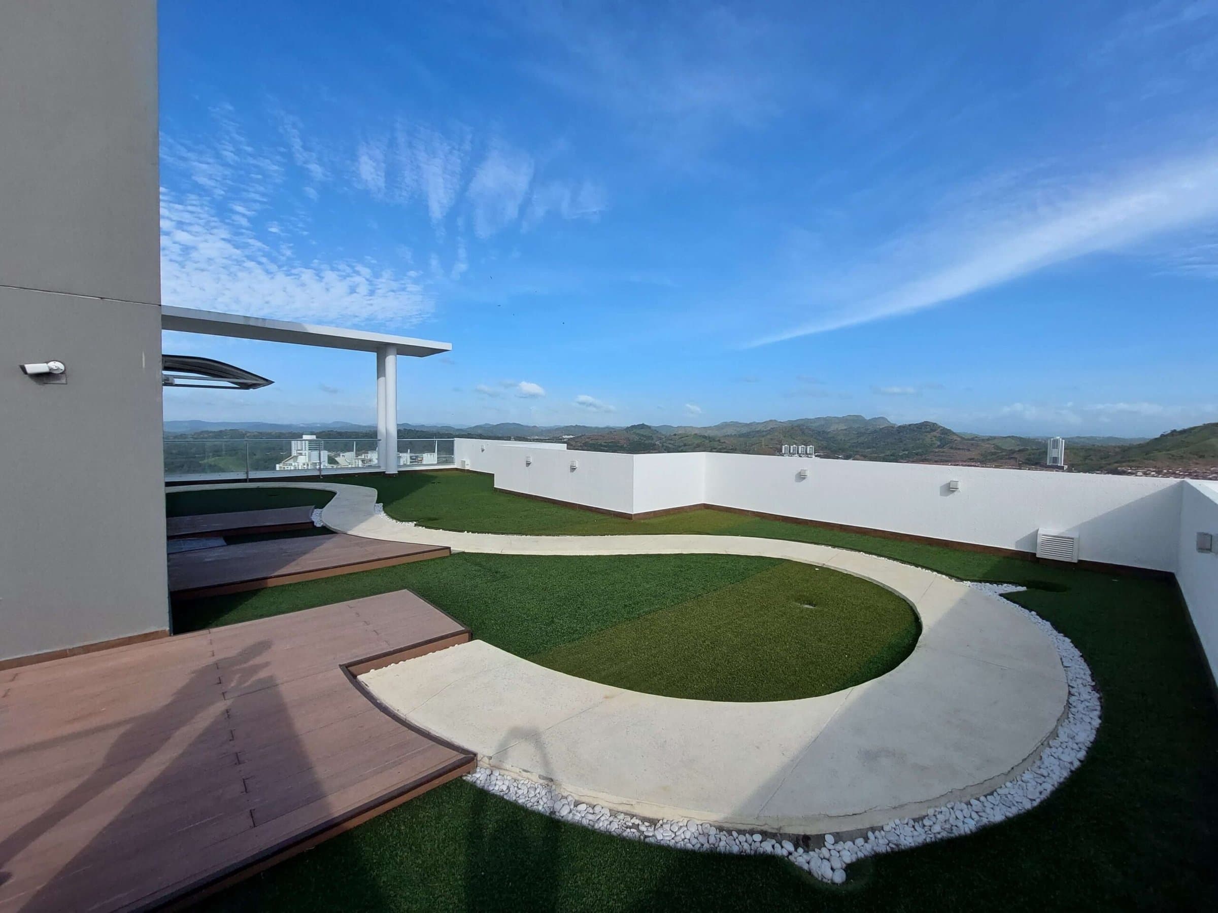 Sky Point rooftop garden with wood deck and mountain views