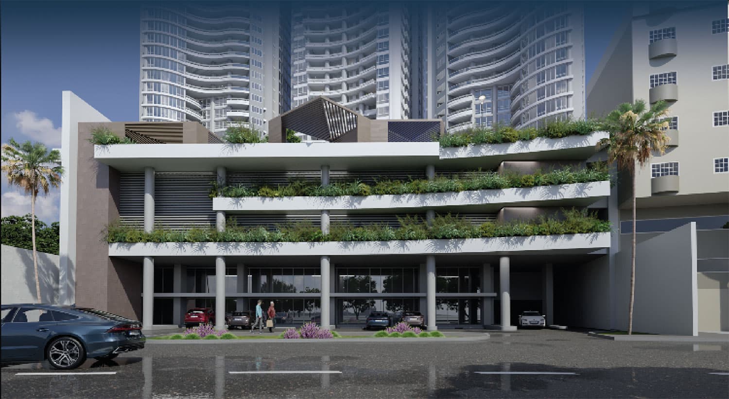Luxor Plaza low-rise commercial building with planted terraces in front of the Luxor towers, El Cangrejo