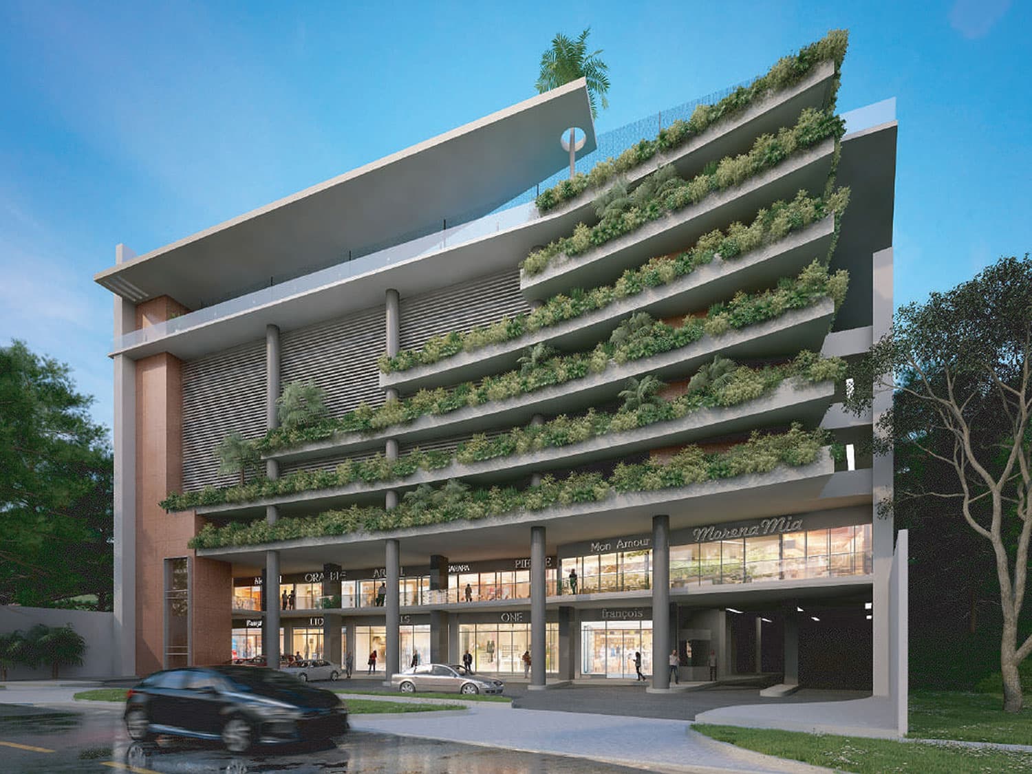 Rendering of Luxor Plaza with its stepped planted terraces and ground-floor storefronts in El Cangrejo