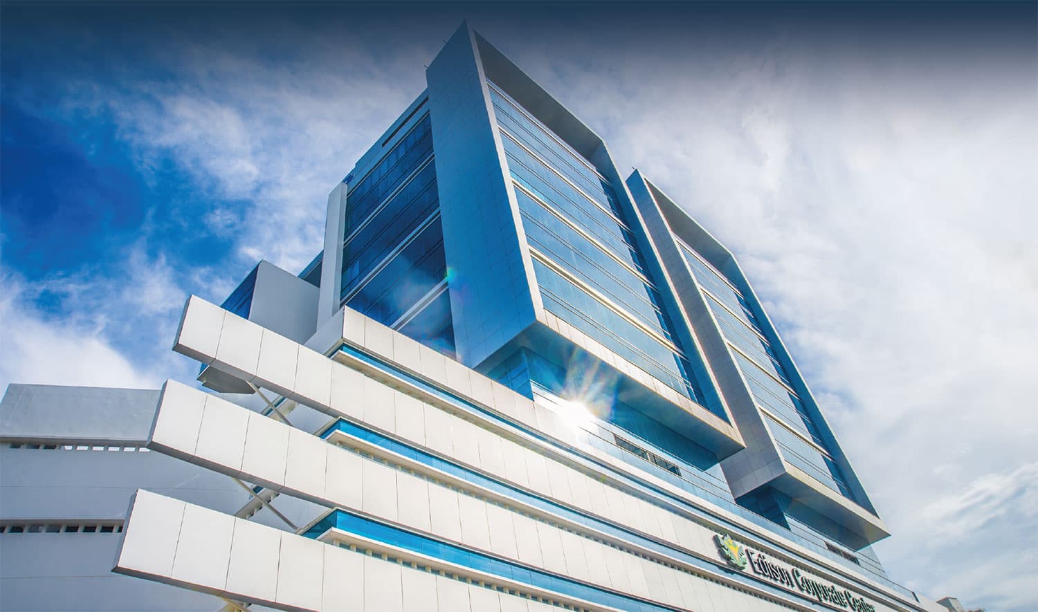 Edison Corporate Center glass office tower seen from below