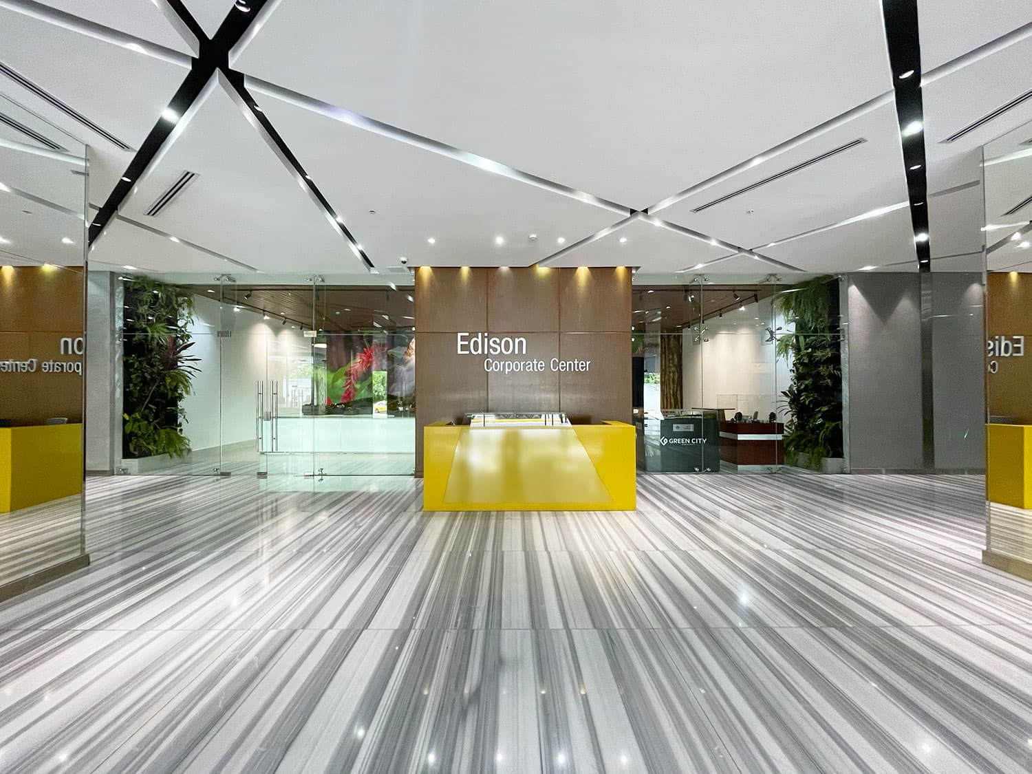 Edison Corporate Center lobby with reception desk and marble floors