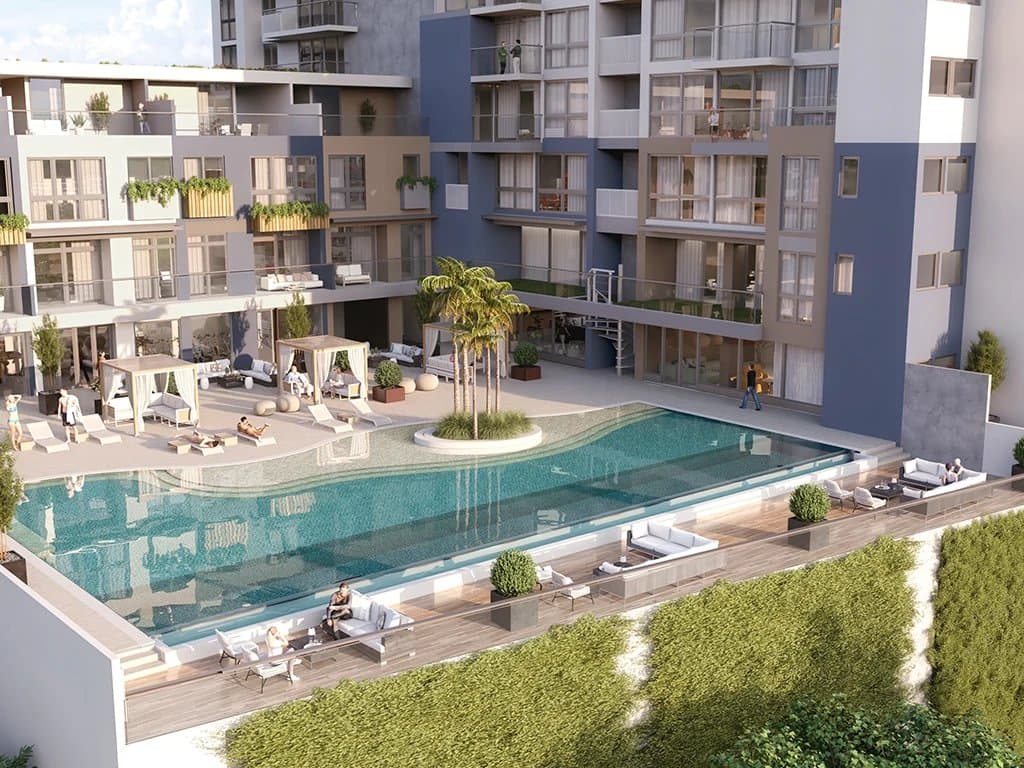 Aerial view of the pool deck between the residential wings at Oceana Residences & Skyhomes