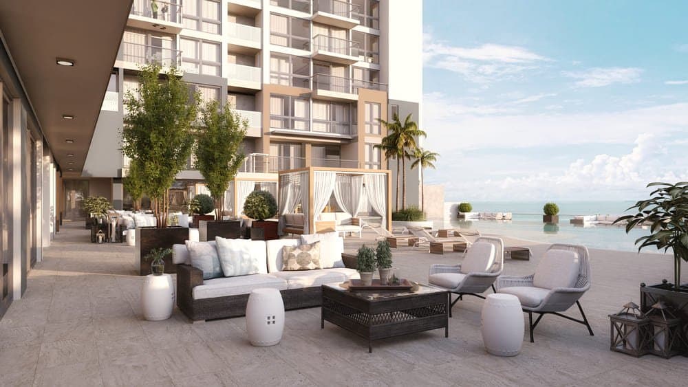 Outdoor lounge terrace with ocean views at Oceana Residences & Skyhomes