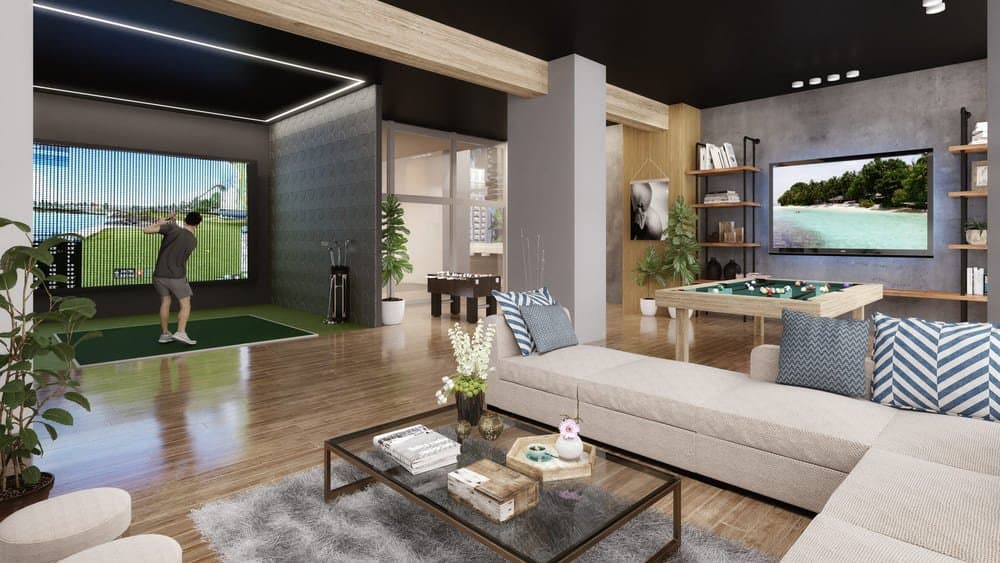 Game room with golf simulator at Oceana Residences & Skyhomes