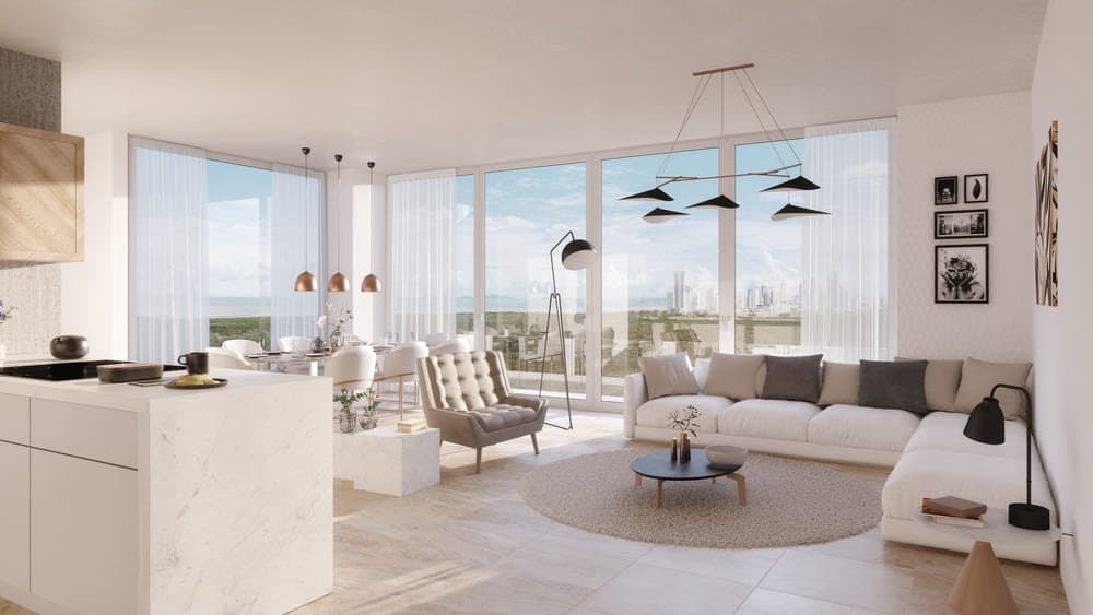 Bright living room with floor-to-ceiling windows in an Oceana Residences & Skyhomes apartment
