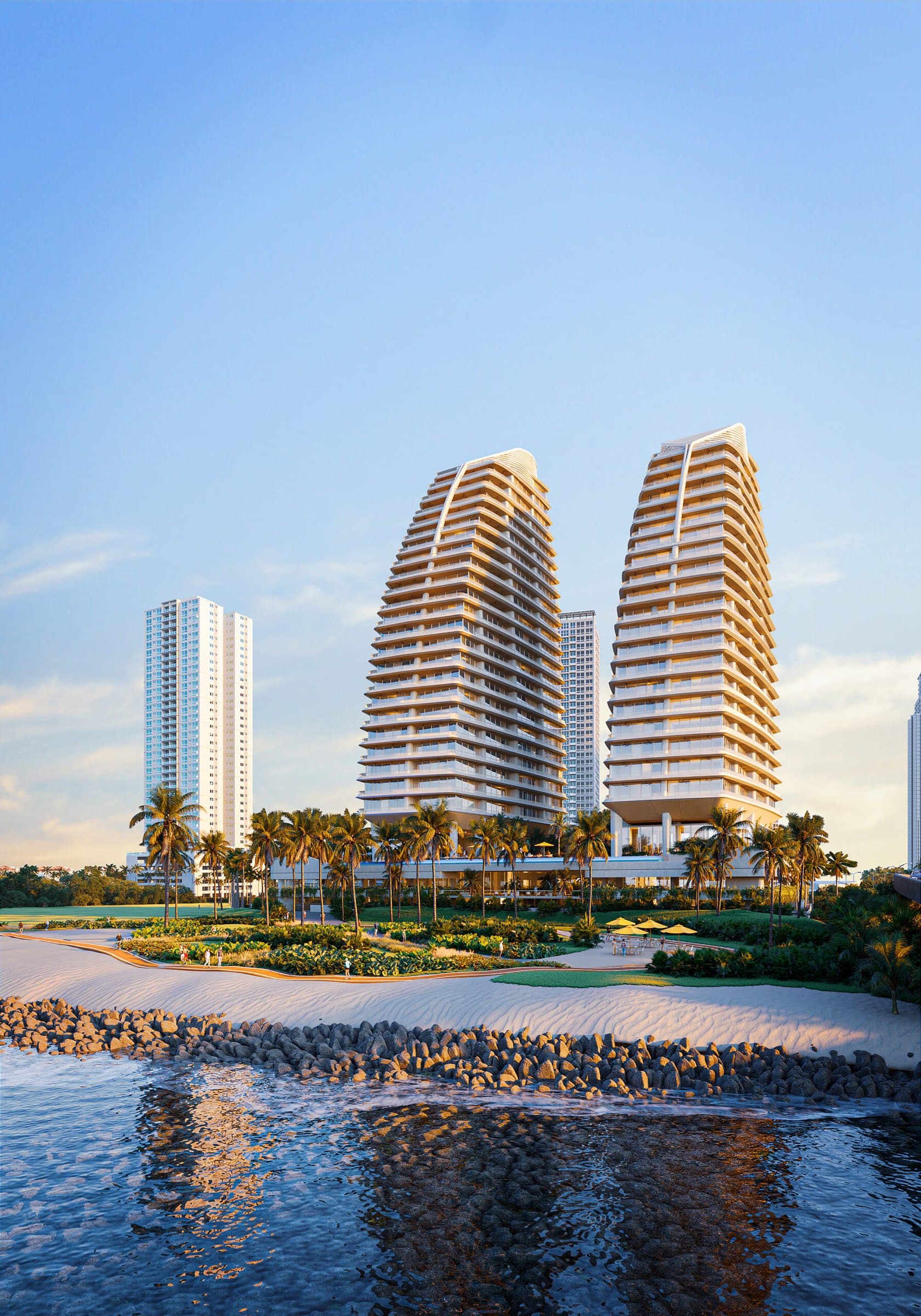 The two sail-shaped Ipanema towers rising above the waterfront at Costa del Mar, Costa del Este