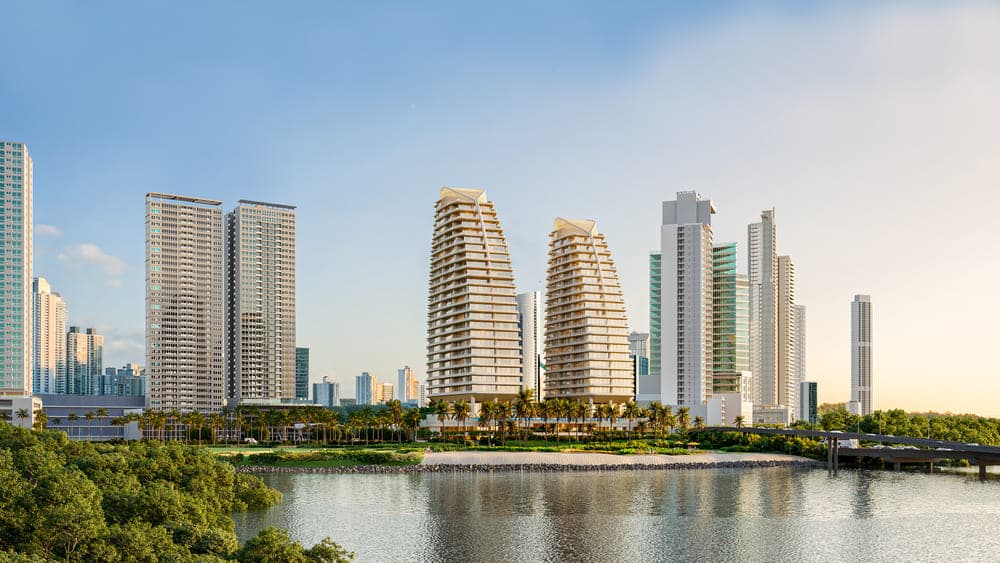 Ipanema towers seen across the water with the Costa del Este skyline
