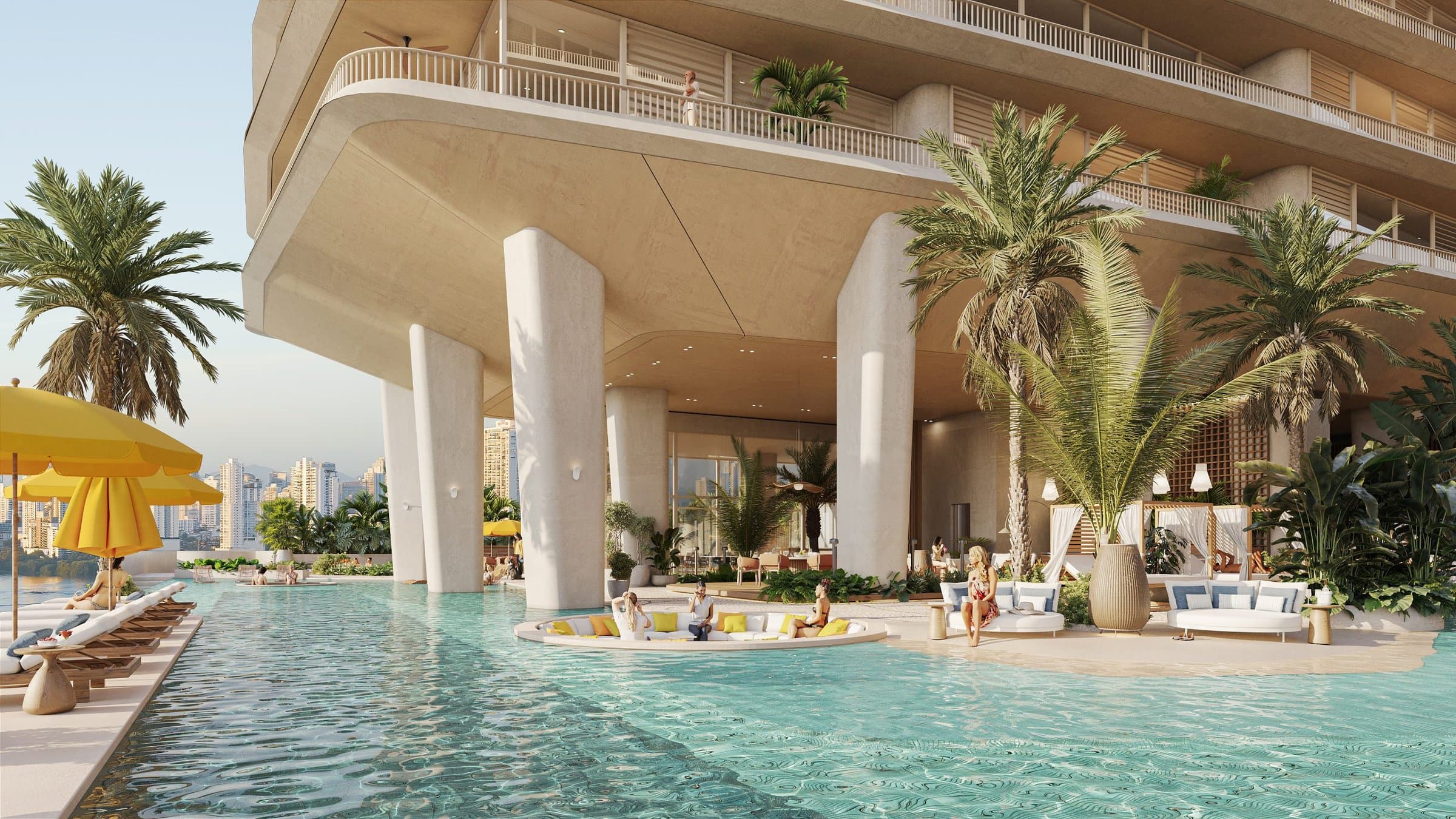 Resort pool beneath the Ipanema towers with palms and cabanas