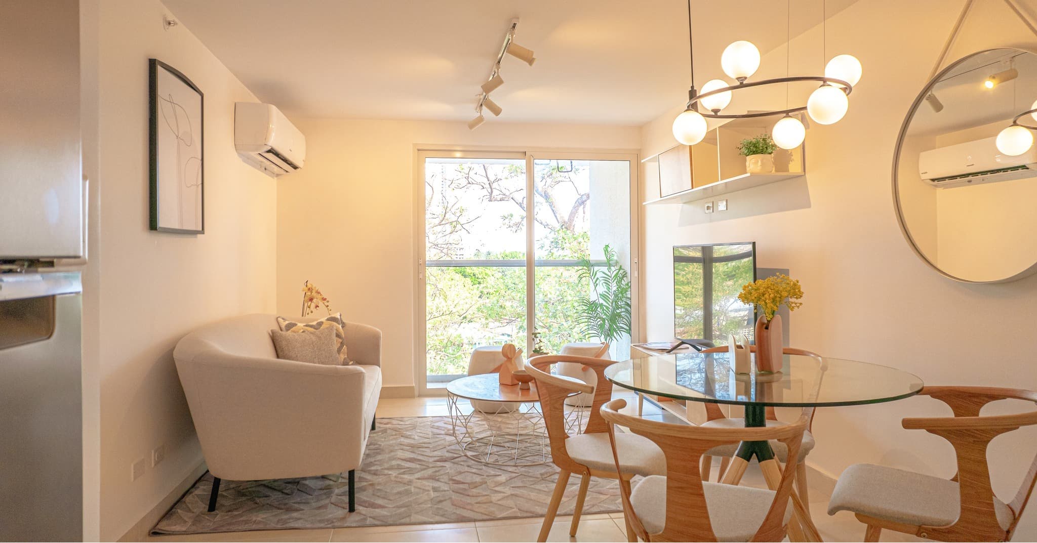 Model apartment living and dining room at Panama Viejo Residences