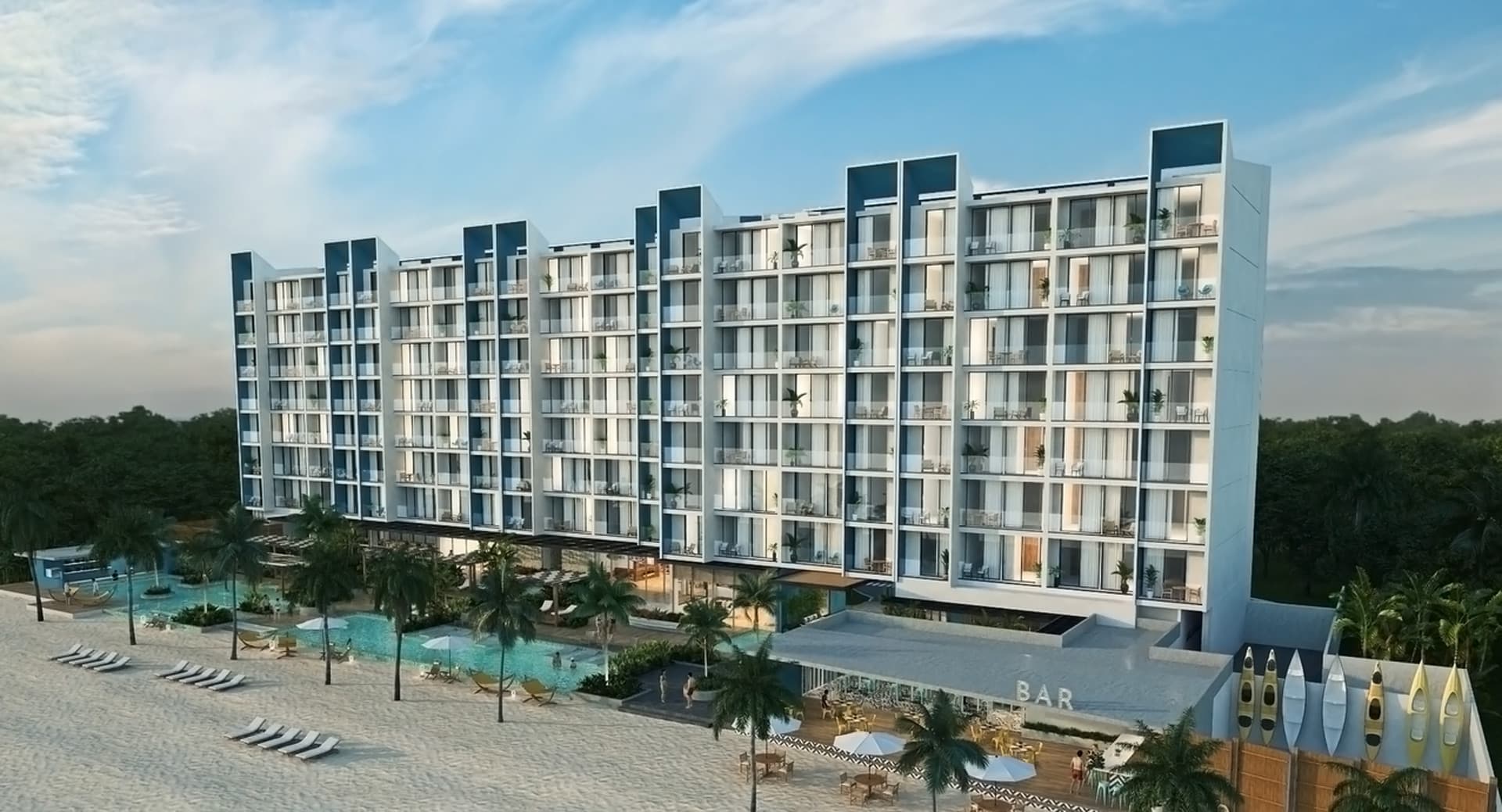 Surfside apartment and hotel tower on the beach at Playa Caracol