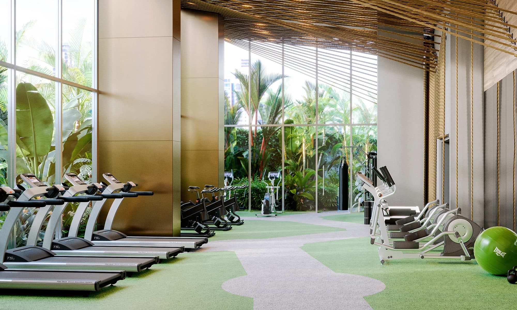 Wanders & Yoo gym with treadmills and tropical garden views