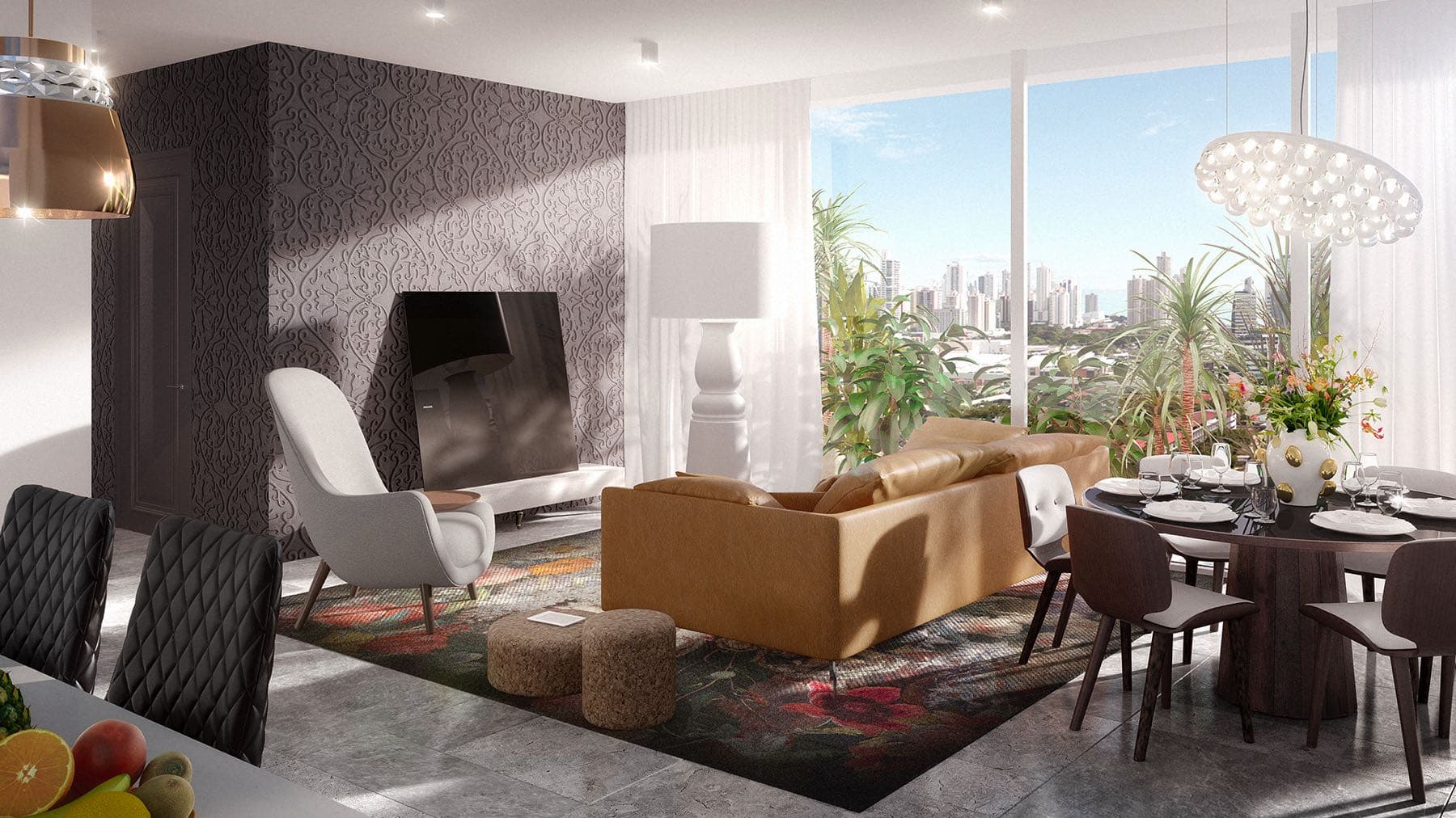 Wanders & Yoo apartment living and dining room render with city views