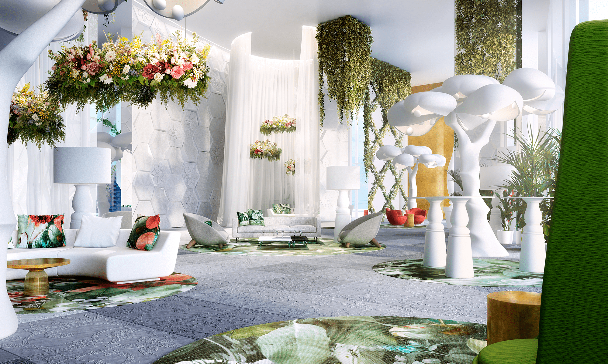 Wanders & Yoo lobby lounge with sculptural lamps and hanging plants