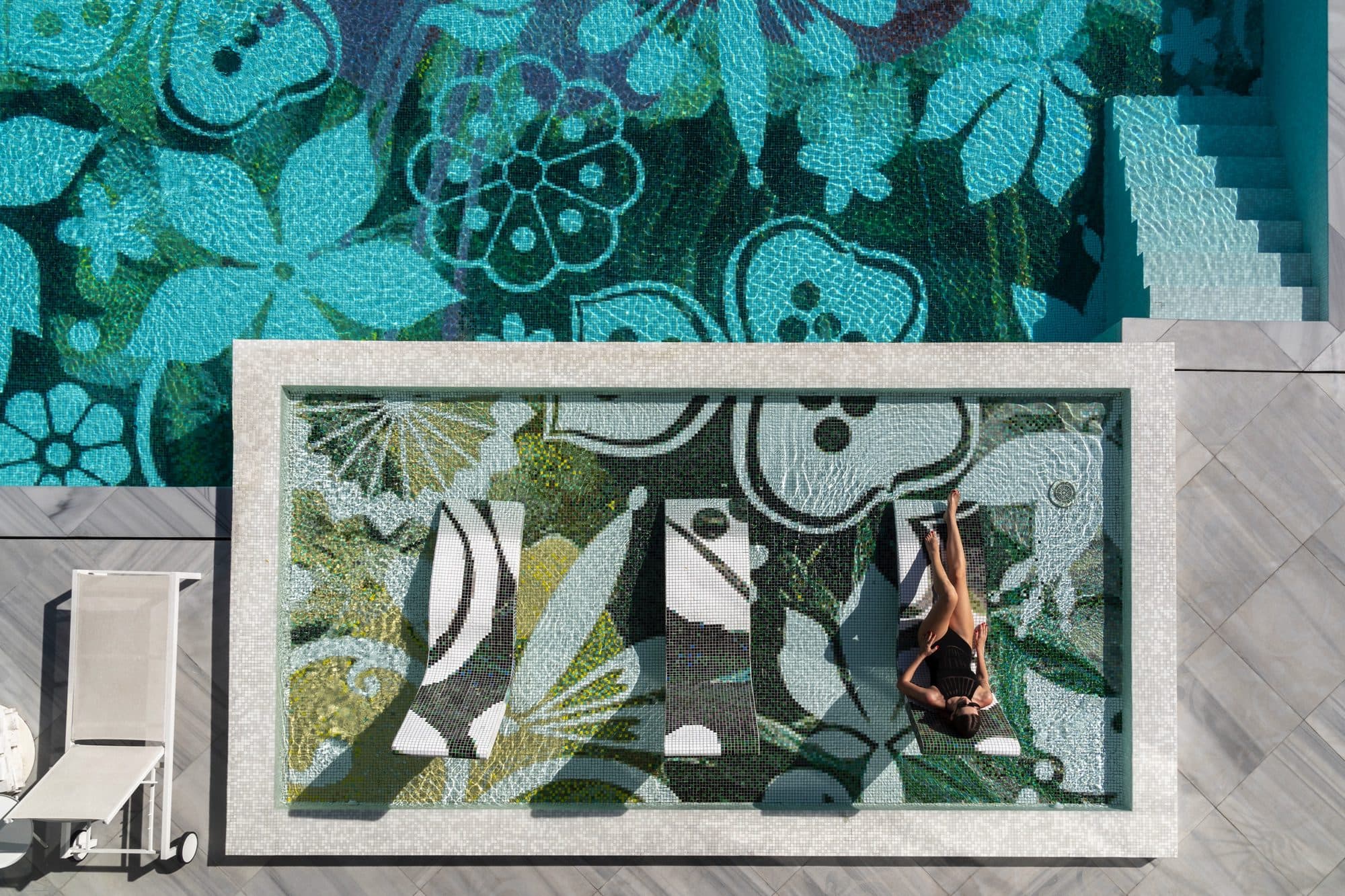 Wanders & Yoo swimming pool with botanical mosaic seen from above