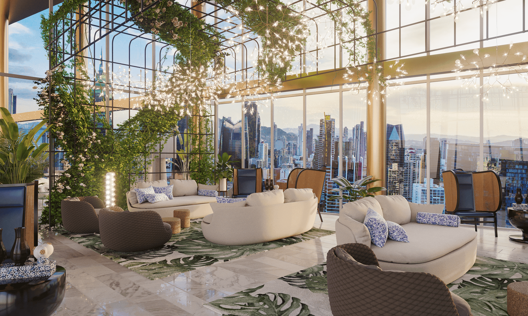 Wanders & Yoo sky lounge with plants and Panama City skyline views