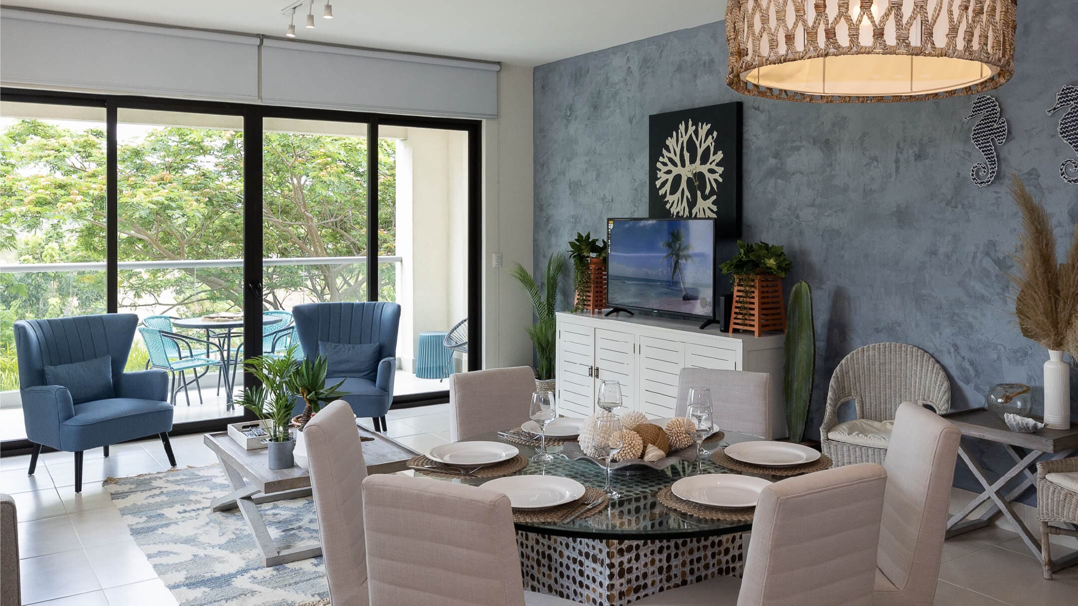 Living and dining room of the Casamar model apartment