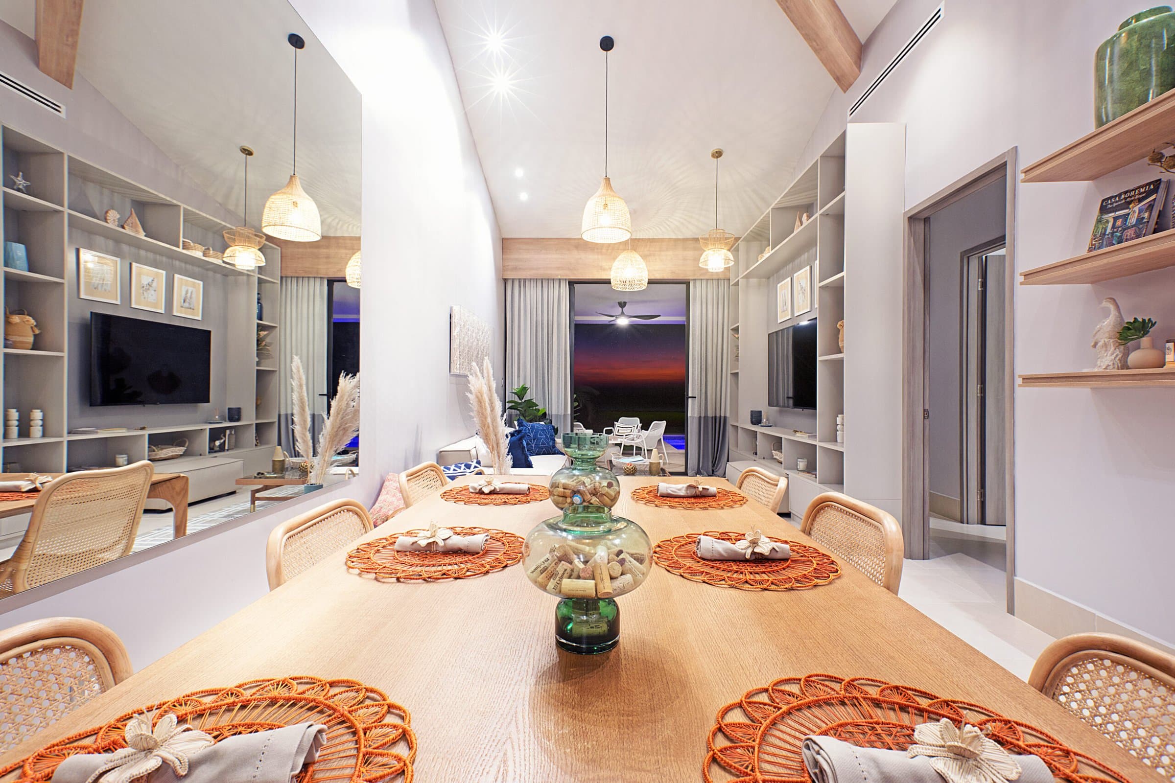Dining room and living area inside an Ocean Villas home in Casamar