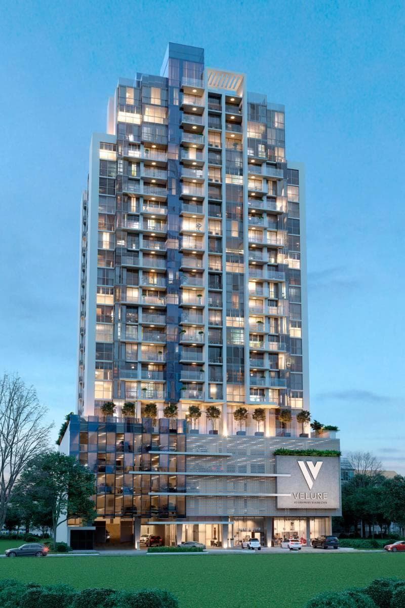 Velure tower facade in El Cangrejo, Panama City, at dusk