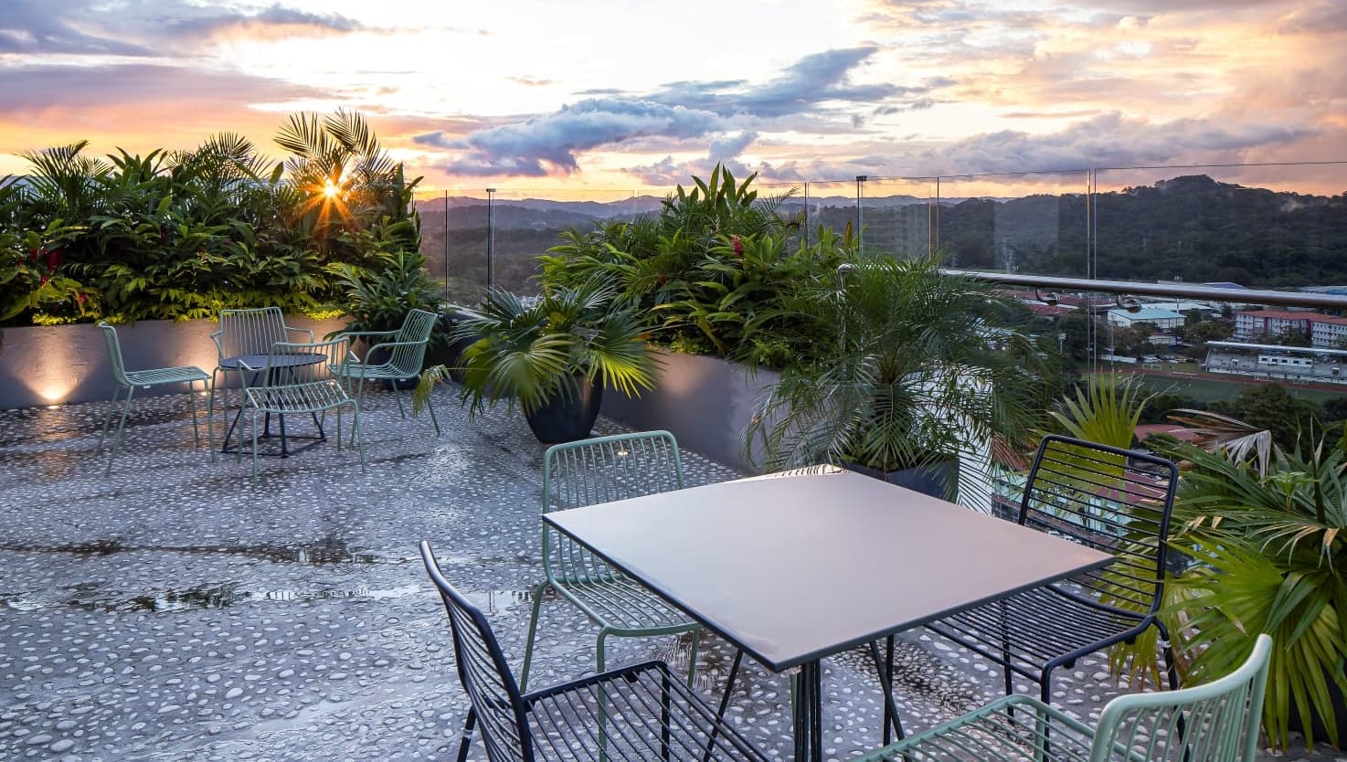Velure rooftop terrace at sunset overlooking El Cangrejo