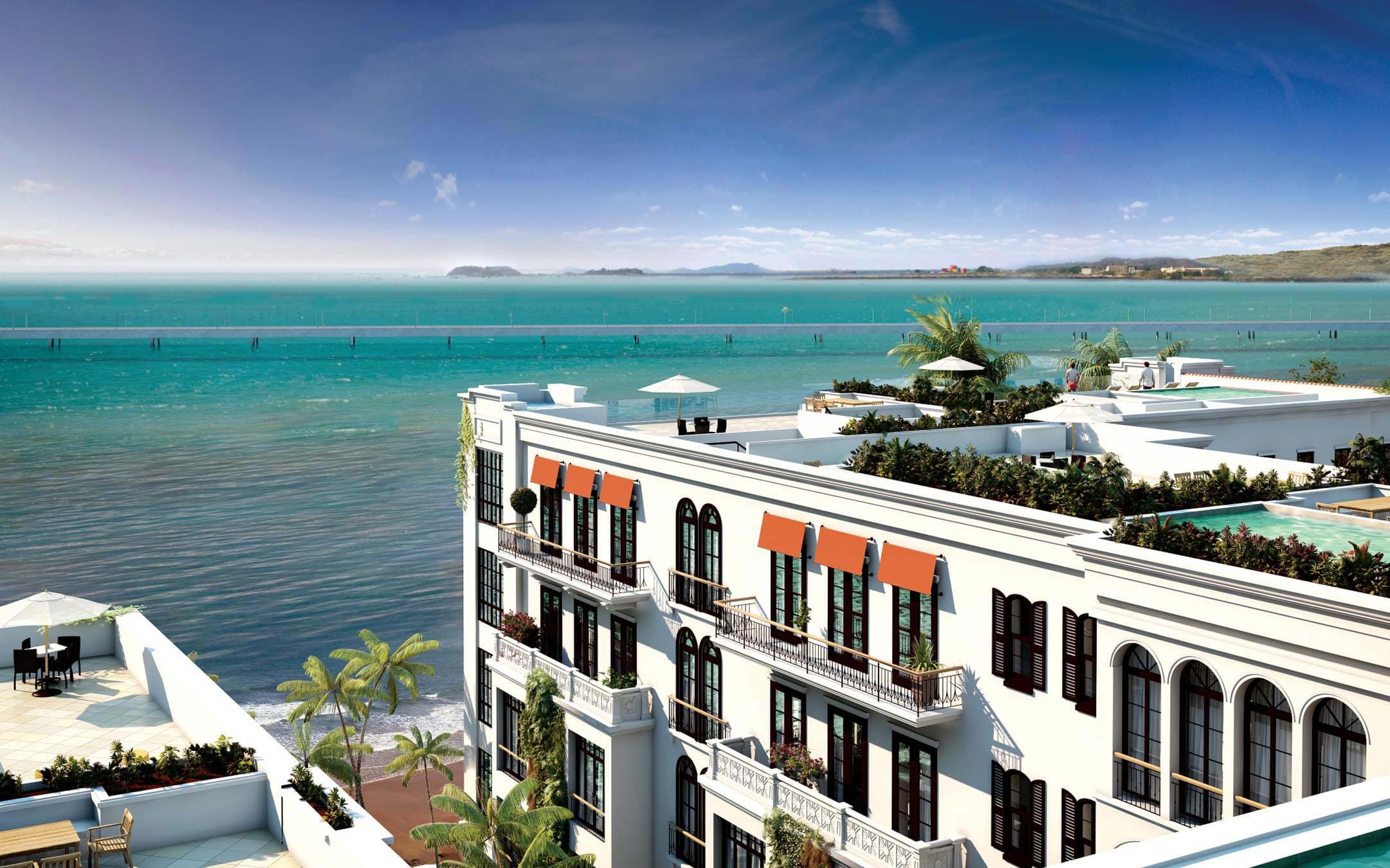 Santa Familia's white neoclassical buildings with rooftop terraces facing the sea in Casco Viejo, Panama City