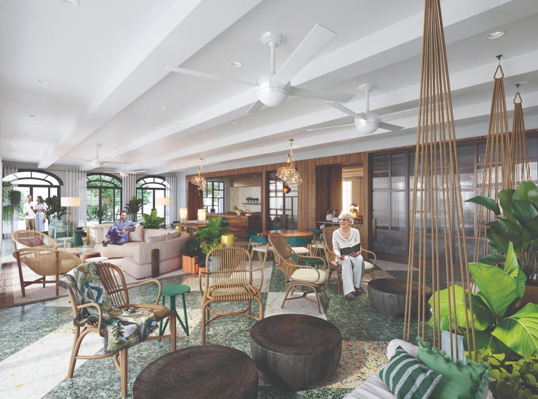 Santa Familia Ocean Club lounge with rattan seating and ceiling fans
