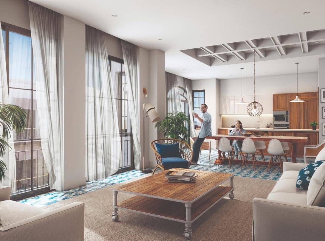 Santa Familia apartment living area with patterned tile floor and an open kitchen