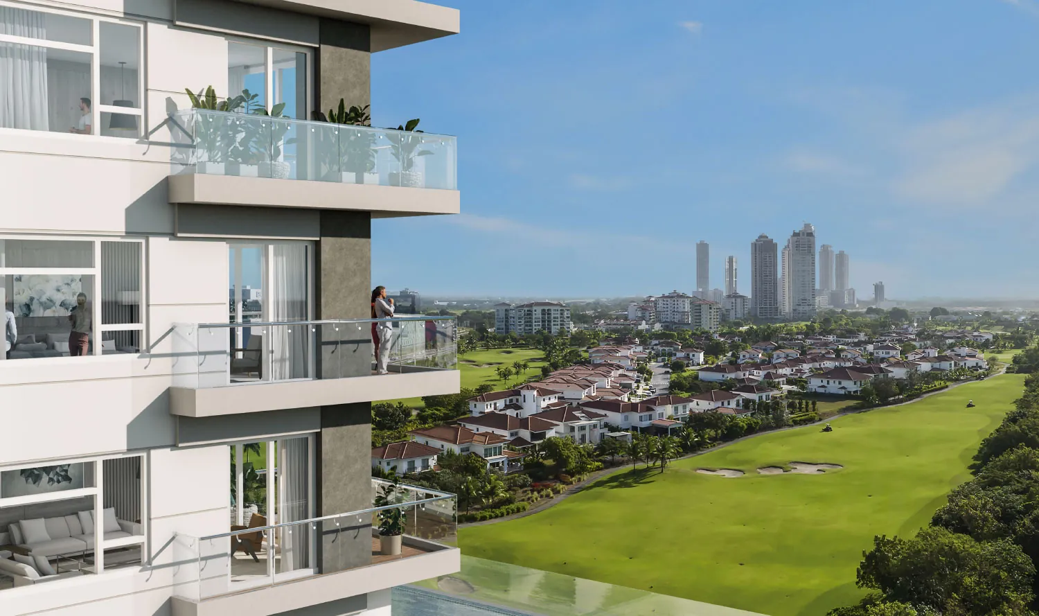 Celeste tower balconies overlooking the Santa Maria golf course and the Panama City skyline