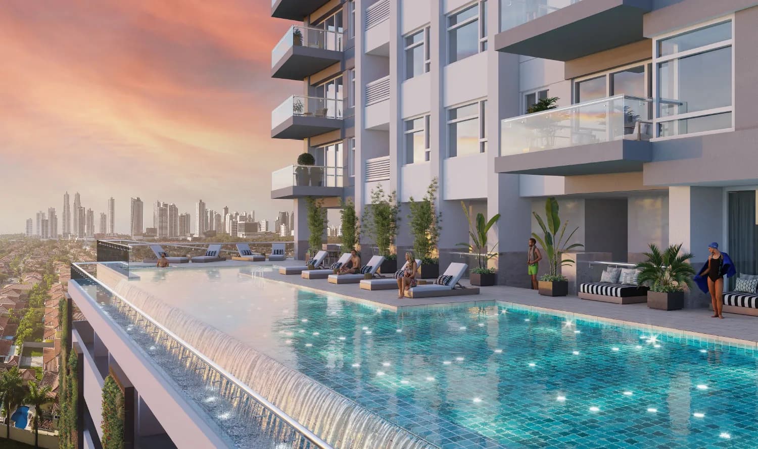 Lap pool at sunset on the Celeste amenity deck in Santa Maria