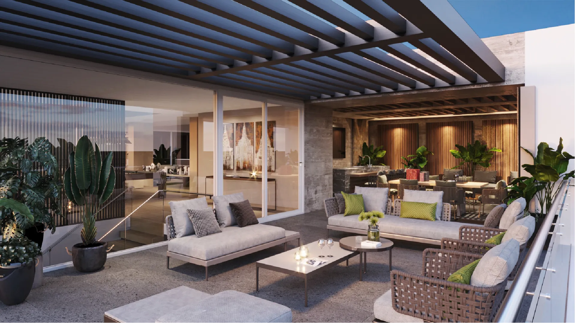 Covered lounge terrace with pergola at Celeste