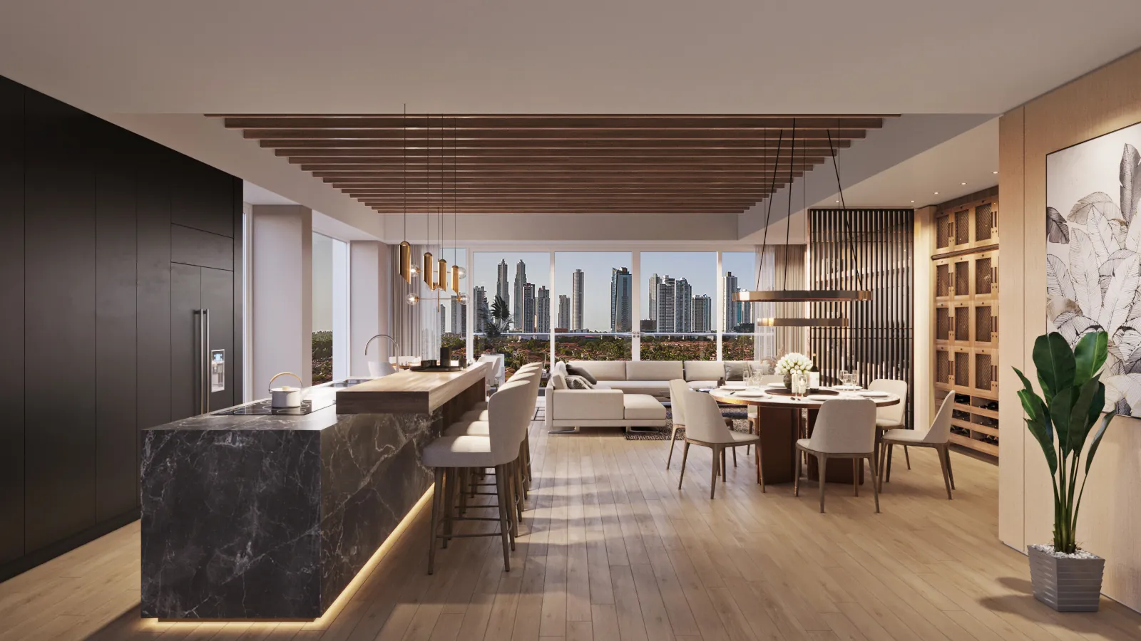 Social lounge with kitchen bar and dining area at Celeste