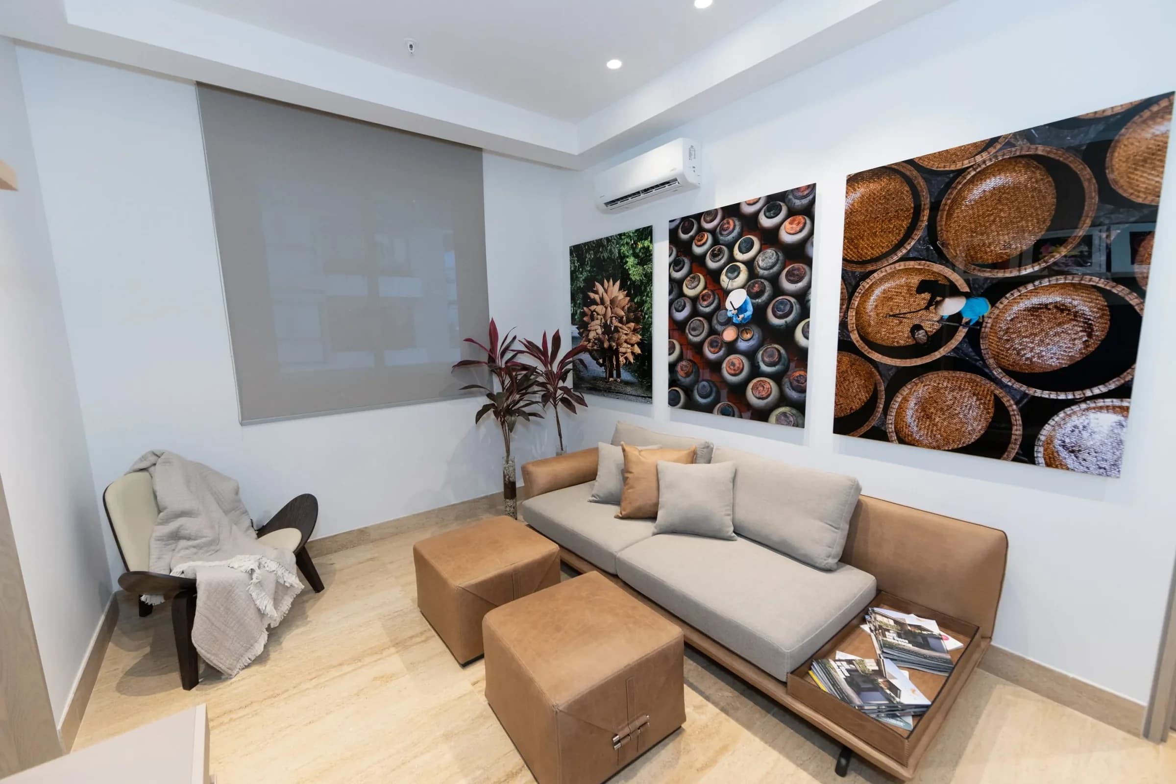 Family room with sofa and artwork in the Celeste model apartment