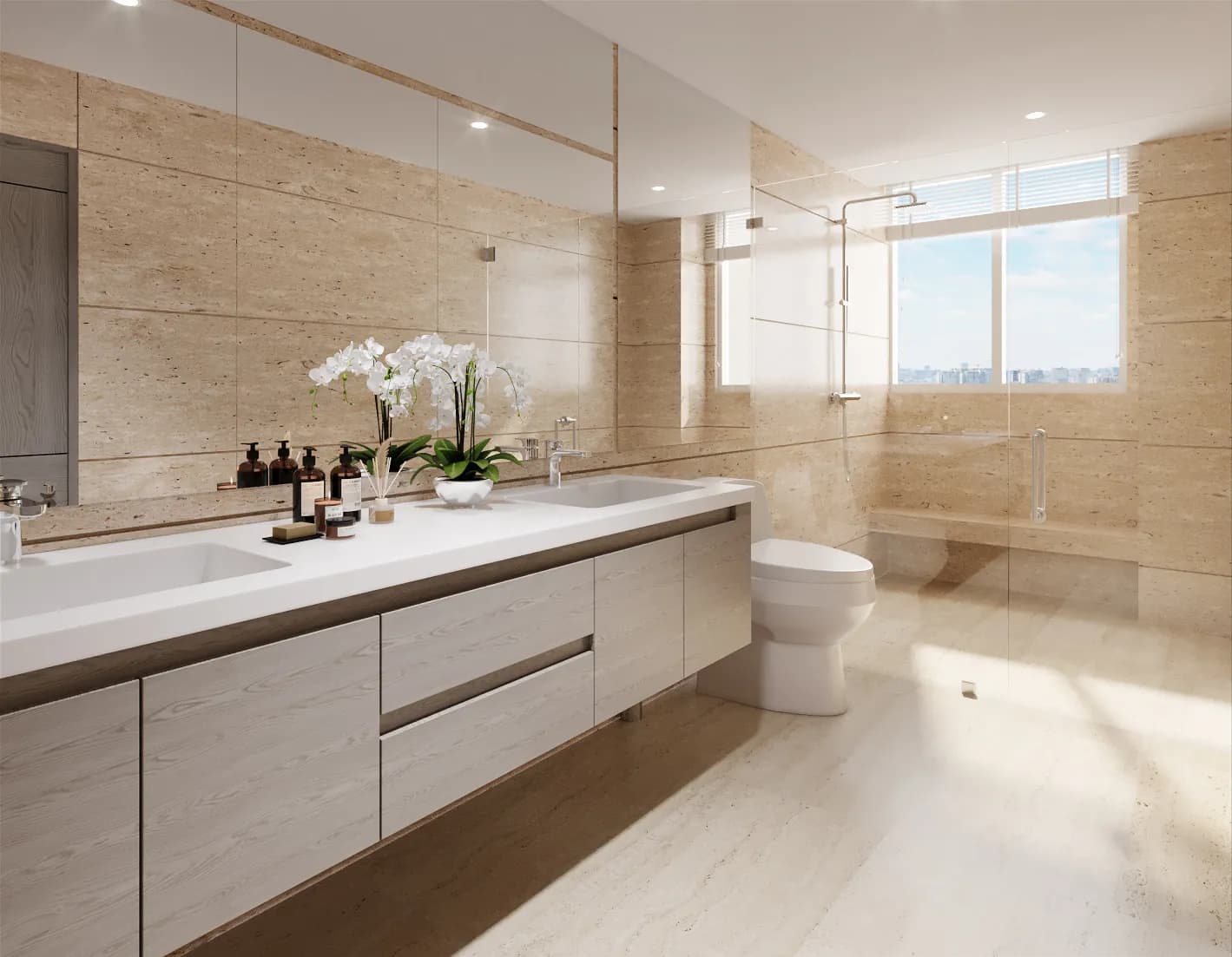 Bathroom with marble-look walls and vanity at Celeste