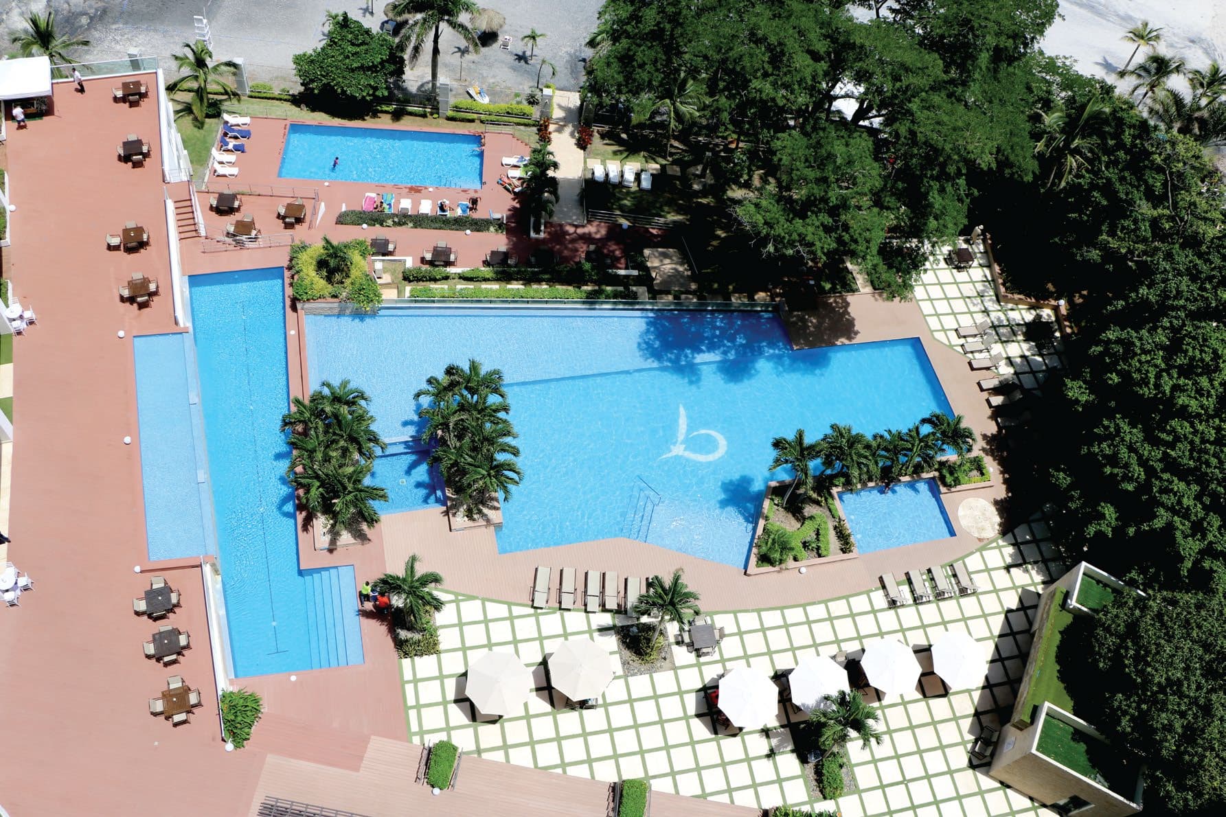 Aerial view of the Bahia pools and sun deck by the beach